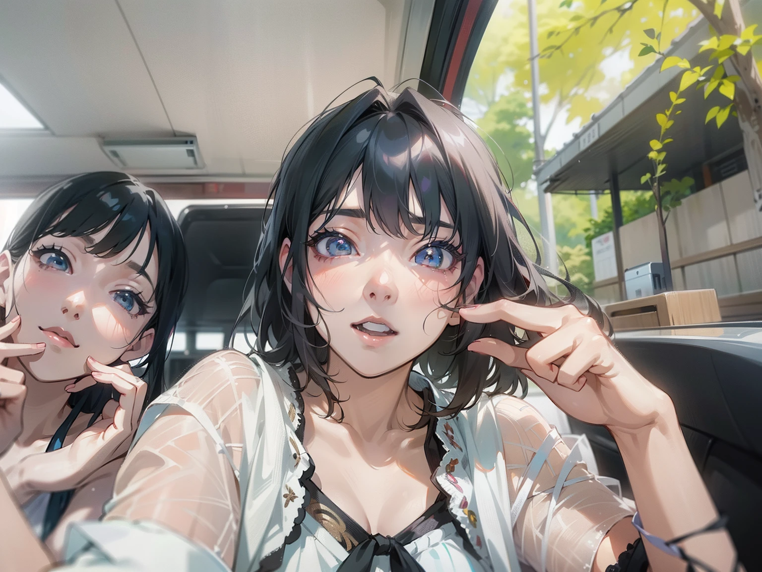 Two Asian women sitting with fingers raised on car, Anime style mixed with Fujifilm, Hyper realistic anime, Selfie in 8K, Realistic Young Gravure Idol, real life anime girl, two beautiful anime girls, photorealistic anime, realistic anime 3 d style, portrait of a japanese teen, Anime style. 8K, Anime Realism Style, Anime. Soft lighting