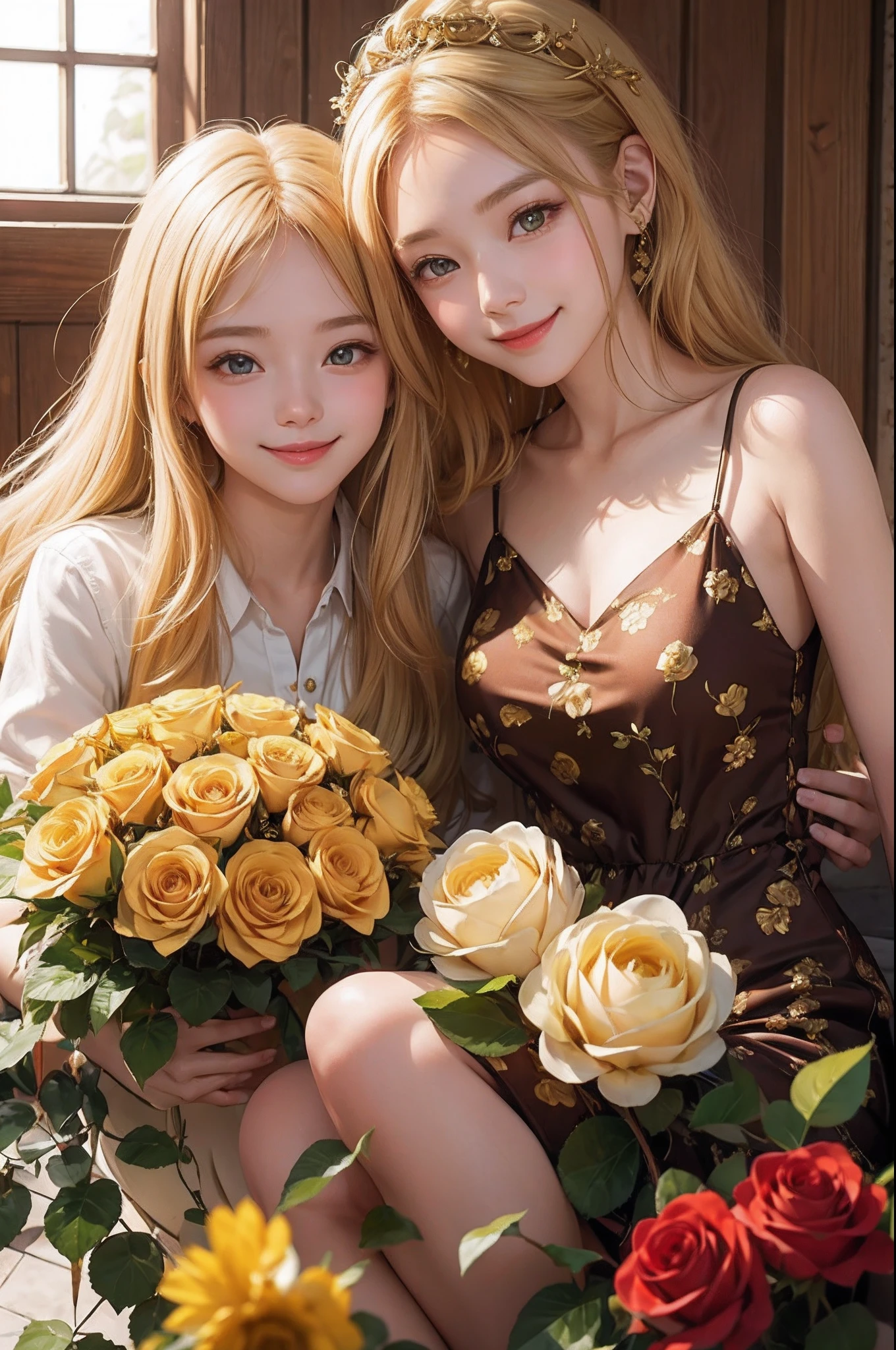 Only the smile of 2 cute girls、duo,Golden eyes、Golden hair、full of roses、