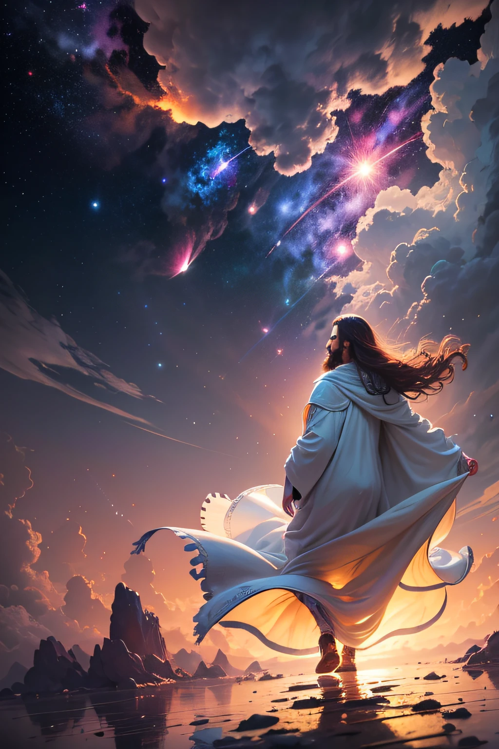 Deus andando no deserto,  BIG HEART blue eyes, 8k, Pessoas ao seu redor, mirage in the background DAVID OF THE BIBLE RED HAIR Jesus walking on water in the middle of a storm, obra-prima, melhor qualidade, alta qualidade, papel de parede 8k de unidade CG extremamente detalhado, fotografia premiada, Bokeh, Depth of Field, HDR, bloom, chromatic aberration, fotorrealista, extremamente detalhado, trending on ArtStation, trend at CGSociety, intrincado, alto detalhe, dramatic, arte no meio da jornada, volumetric illumination jesus floating in the air on top of clouds with a light shining brightly on his face Jesus Christ, o centro do universo, He is tall and resolute., Looking at the galaxy with outstretched arms. As estrelas e planetas giram em torno dele, orbitando em perfeita harmonia. His robes flow in the cosmic wind, as if he were the embodiment of the universe itself. The scene takes place in deep space, with nebulae and galaxies in the background. The atmosphere is serene and peaceful, as if all creation were at peace in his presence. Artwork, A digital illustration with intricate details and vibrant colors. 16k ultra-detalhado --ar 3:2 --v 4 --q 2
 INFO (galaxy creator + Having predestined us for children adopted by Jesus Christ, para si mesmo, according to the good pleasure of his will, 8k, foto RAW, melhor qualidade, obra-prima: 1.5, ultra high-resolution, fotorrealista: 1.5, cinematiclight, smooth volumetric lighting: 1.5, realista, fotorrealista: 1, pele detalhada, profesional lighting, fotografia, foco nítido, detalhado, profesional lighting, photon maping, ambiente detalhado e intrincado, altamente detalhado, melhor qualidade, artsy photography, arte conceitual fotorrealista, volumetric natural soft perfect cinematic light, MIDJOURNEYos:1.2), (Planeta Terra:0.8)) com o mundo na palma das maos --auto --s2