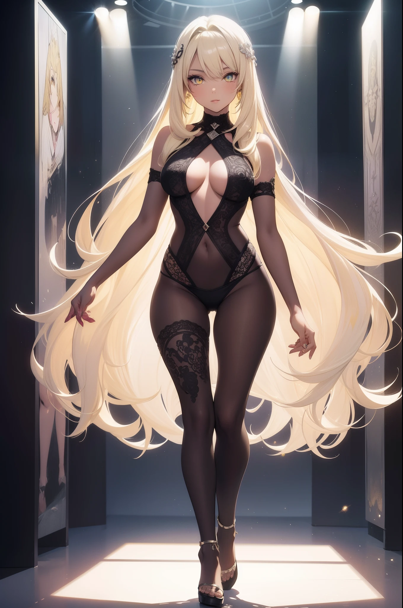 (masterpiece), (Best Quality), (White background:1.4),(a girl, seductive face, Looking to the Viewer, Colorful long straight hair, Contemporary Girl)，(Big yellow crystal eyes), (Short Platina Blonde Straight Hair:1.5), (Art Deco illustration:1.4),(Reasonable design, Clear lines, High Sharpness,Best Quality, Very detailed, masterpiece, Movie Light Effects, 8K ), ((3D)), Colorful, Falling soft sun rays, cool, (zen tangle art:1.2), full body, model walking, Paris collection runway,