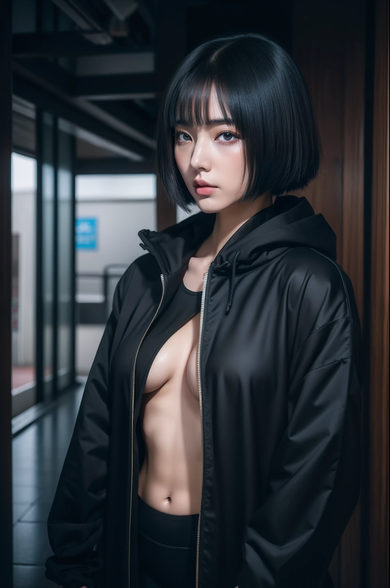 anime girl in a black outfit with a sword in her hand, very beautiful cyberpunk samurai, digital cyberpunk anime art, anime cyberpunk art, cyberpunk anime girl mech, cyberpunk anime girl, cyberpunk anime art, female cyberpunk anime girl, cyberpunk geisha, digital cyberpunk - anime art, cyberpunk samurai, anime style 4 k, badass anime 8 k, cyberpunk anime girl in hoodie, beautiful south korean woman, korean girl, beautiful young korean woman, korean woman, heonhwa choe, korean women's fashion model, sexy look, big breast, sexy pose, show breast, grey hair