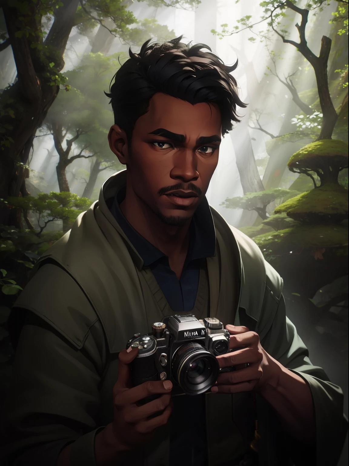 Black man in a forest looking at the camera.