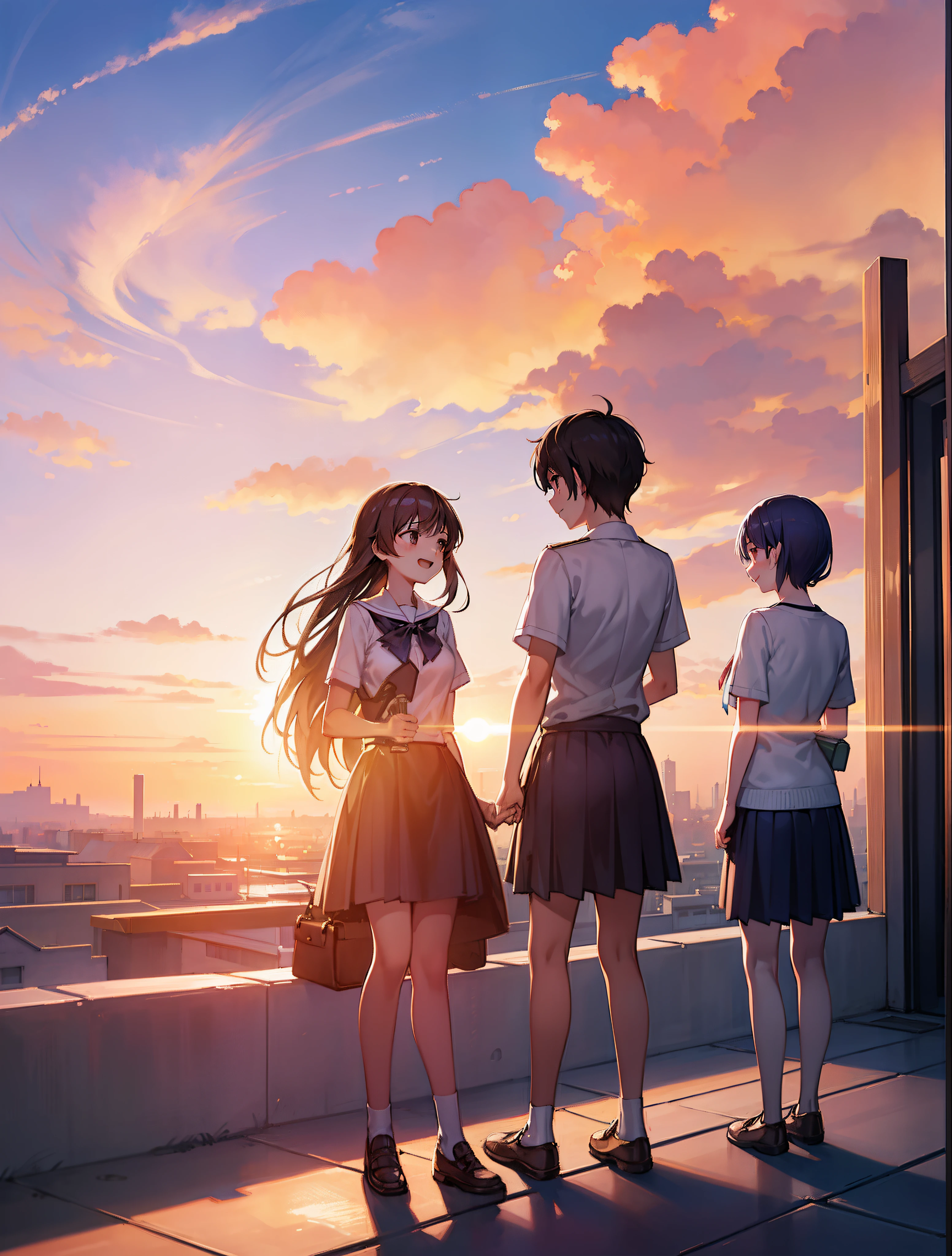 Create exquisite illustrations reminiscent of Makoto Shinkai's style, It has ultra-fine details and top-notch quality. Create captivating illustrations that encapsulate the captivating essence of nostalgia, Featuring a group of students on the roof of a school, Everyone smiles as they gaze at the mesmerizing sunset. The sun hangs low in the sky, Warm golden glow、Light up the scene with a dreamy atmosphere. Sunset dyes the sky a breathtaking orange, Pink, and purples, Create vibrant color panoramas that blend seamlessly in. The happy expressions of the students were:::、Reflects the awe and amazement when sharing this wonderful moment. Pay close attention to detail, Sunlight dancing on the face、Emphasize the interplay of light and shadow、Enhances the texture of the surroundings. Your job is、Not only captures the serene beauty of the scene、It is about creating images that stimulate the imagination, Invite viewers、Have a meditative and magical experience with these students. Through your artistic mastery, Turn your rooftop into a canvas of nostalgia and wonder, Where shared views of the sunset foster a deep connection with friendship and fleeting beauty of the moment.