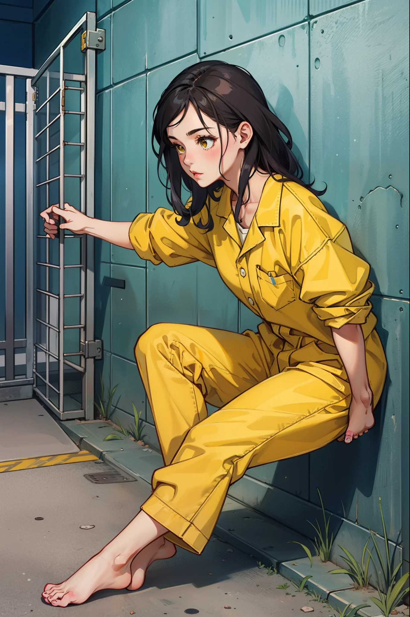 Cute girl in yellow prison uniform barefoot，without wearing shoes，Carry out labor reform，Female prisoners，behind bars，Yellow prison uniform，Two-dimensional girl。