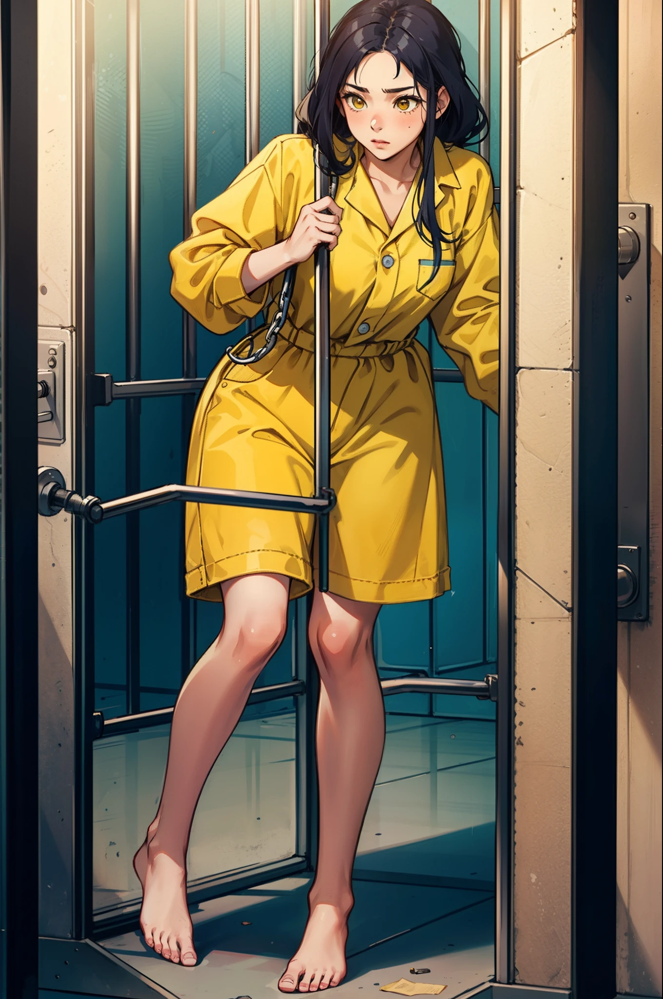 Cute girl in yellow prison uniform barefoot,without wearing shoes,Carry out labor reform,Female prisoners,behind bars,Yellow prison uniform,Two-dimensional girl。