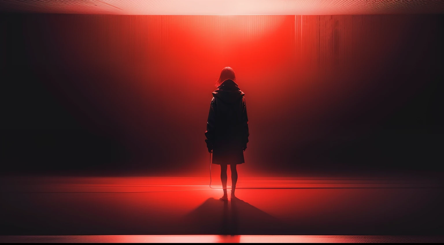 Black fog in the void，On a red background，Minimalist style，light streams，Soft light effect，Huge red reflective wall with hazy background，Soft space atmosphere，conceptual art，Scene art，Live art，Listen to the live broadcast