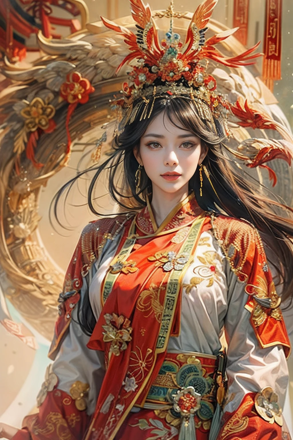 A woman in a red Chinese costume stands next to a supercar,Exquisite phoenix crown,anatomy correct,A detailed eye, 二重まぶた,Whiten skin,delicate patterned,Oriental elements,Ink painting style, Clean colors,Golden space, Soft lighting, ( Bokeh),Masterpiece, Super detailed, Epic composition, Highest quality, 4K