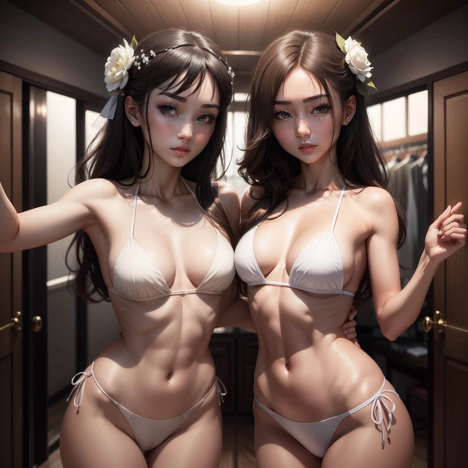 ((best qualtiy,8k,tmasterpiece:1.3)),Clear focus:1.2,one pretty woman,perfect body figure:1.4,Slender abs:1.2,(dark brown hair,:1.2)),(a white bikini:1.1),inside in room:1.2,Highly Detailed Face and Skin Textur,Detailed eyes,二重まぶた