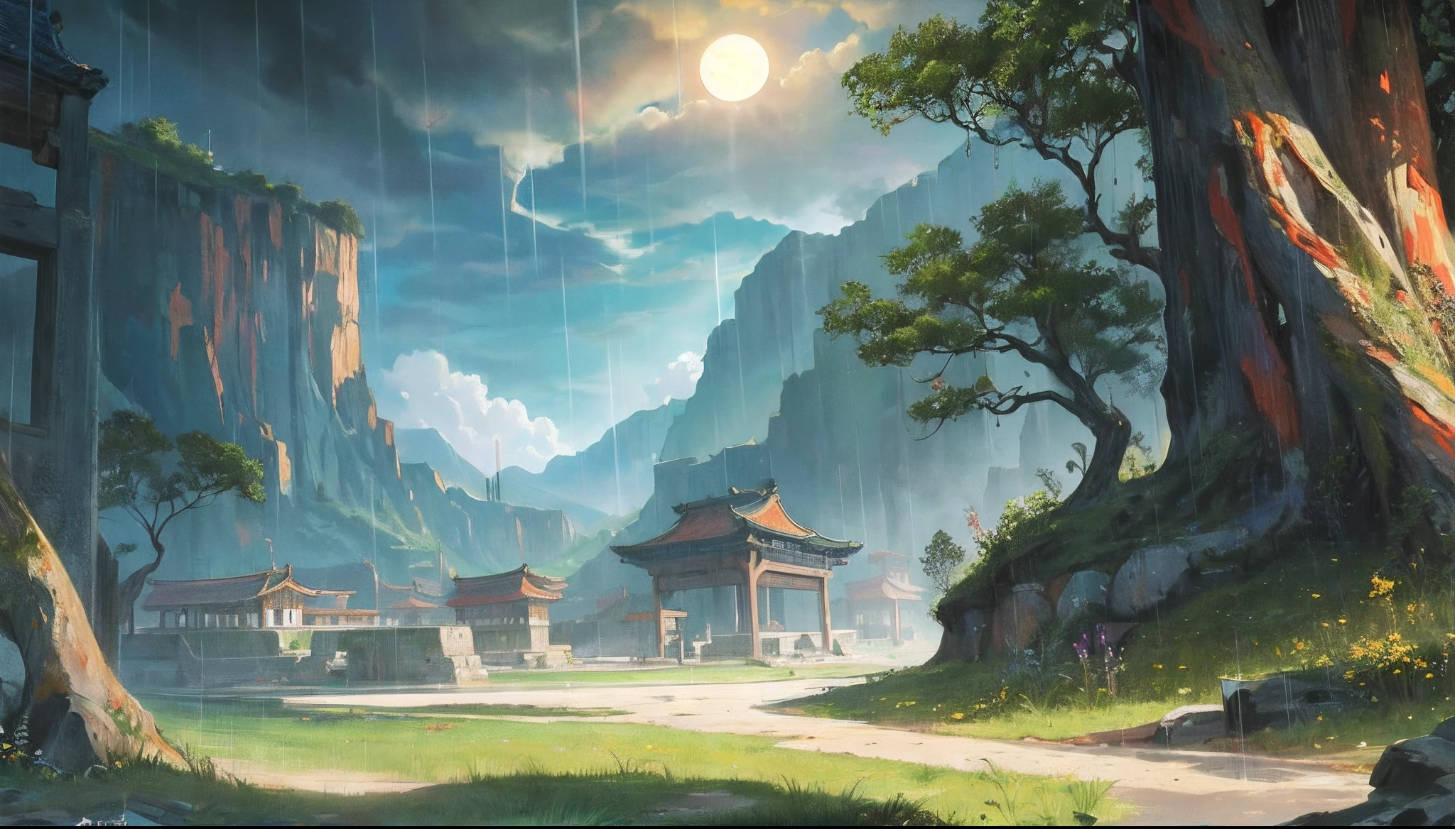 Ancient paintings， ancient chinese background，Smoky scatter，The sun and moon shake the light，Thousand old cypresses，With rain, the mountains are dyed with green ，mountain ranges， rios， Auspicious clouds， Pavilions， rays of sunshine， super detailing， Epic composition， hyper HD， high qulity，