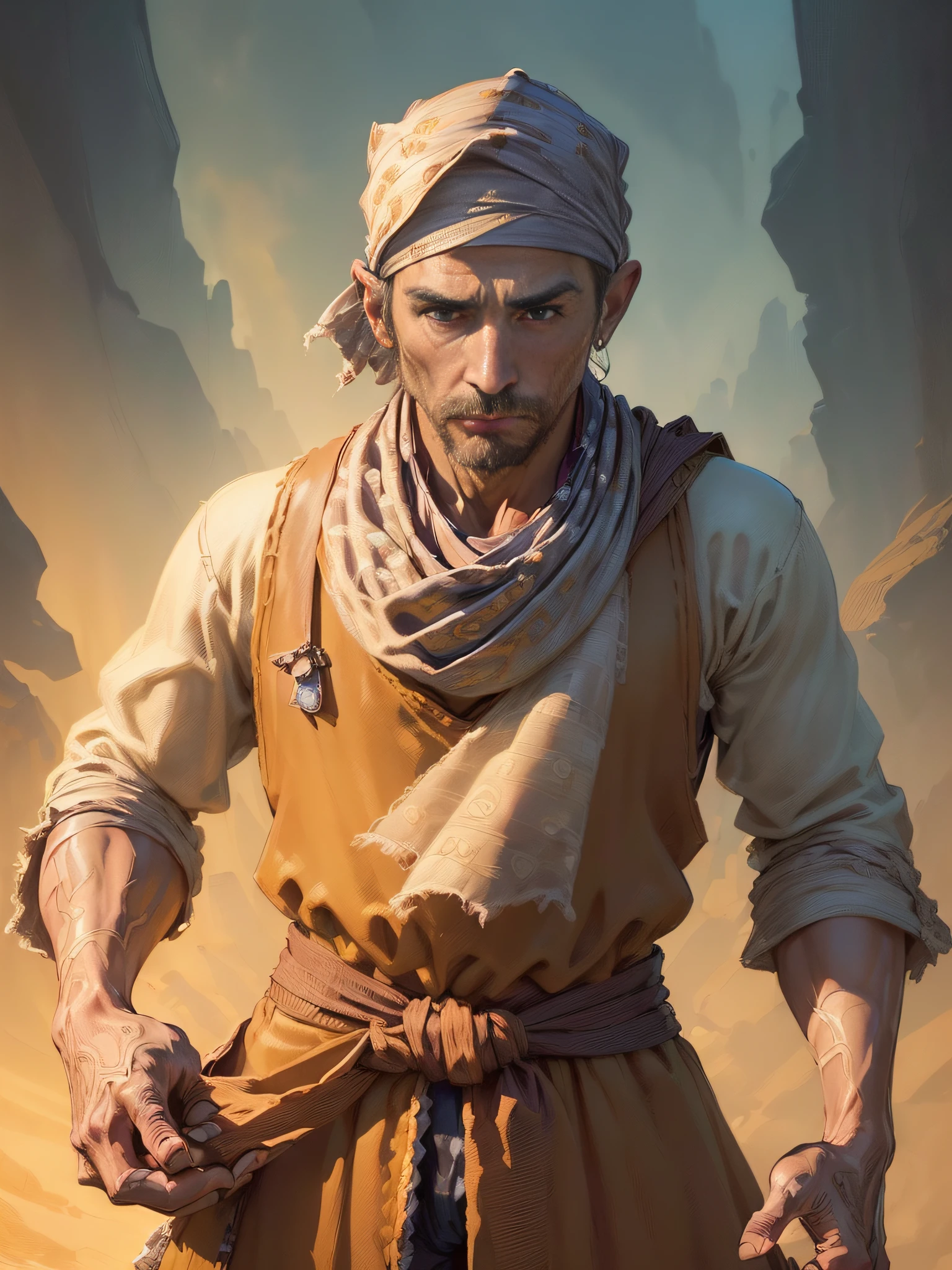 (superfine illustration, Best Quality, Ultra-detailed, fantasy illustration:1.5), (peddler male, male focus, solo, Perfect fingers, Perfect hands:1.5), (is wearing peddler costume, bandana:1.5), dessert valley as background, extremely short hair, male face, male eyebrows, sharp eyes, sharp nose, forehead,