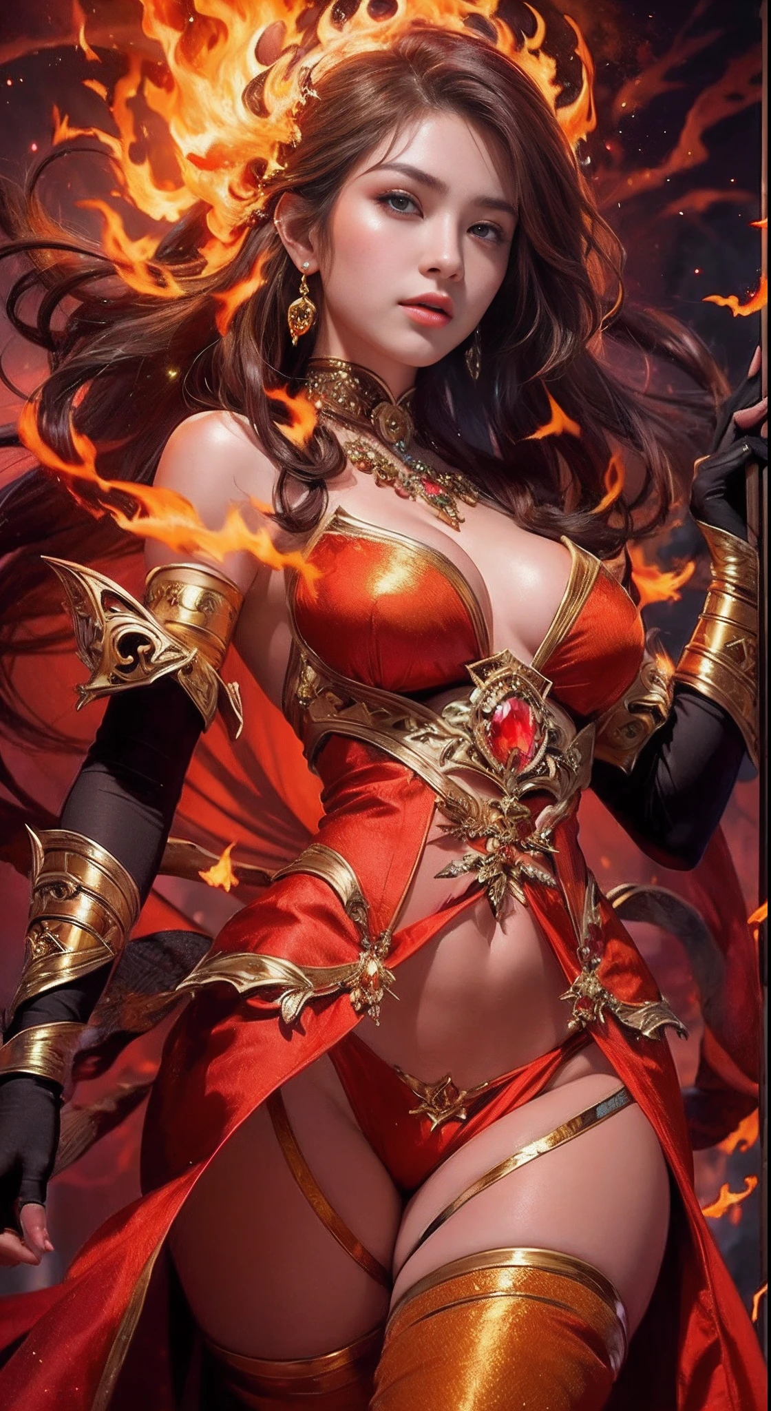 This is a realistic fantasy artwork prominently featuring realistic fire, including wisps of flames, glowing hot embers, subtle curls of smoke, and a beautiful fire druid. The druid stands in the midst of a raging inferno with an interesting composition. Her face is expertly sculpted, with elegant and refined features and perfect shading and realistic skin texture. Her (orange and gold eyes) are stunning and are the focal point of this image. (Her eyes extremely detailed, beautiful detailed eyes, and macro). Her eyes feature intricate detailing with clearly defined irises and bright sclera. Her soft lips are smooth and very puffy, and her skin is adorned with a light flush and ornate fire detailing. Her long gown is stunning and expensive, and is made of pure flames and glittering, ornate jewels that glimmer in the fire light. Her billowing gown glitters from the flames and features a delicately and intricately embroidered bodice with wisps of flames running across it. Include fantasy elements like bumps, stones, fiery iridescence, glowing embers, silk, and an interesting background. Include fiery magical creatures such as fiery birds and fiery butterflies that give off a magical and mystical aura. Lighting: Utilize the latest trends in lighting to enhance the artwork's beauty. Camera: Utilize dynamic composition to create a sense of urgency and excitement. Take inspiration from the current masters of the fantasy genre, including trending artists on Artstation and Midjourney. ((masterpiece))