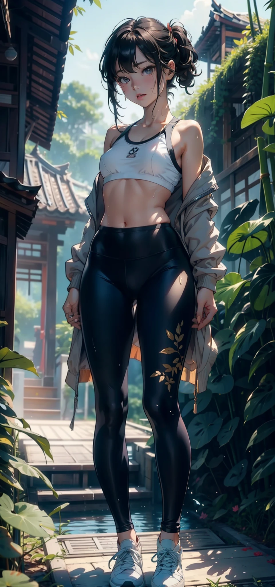 1female,Small li,Small breasts,独奏,(Background with:bamboo forrest,lotuses,lotus flower,exteriors,Lotus pond) She has short black hair,standing on your feet,Sweat profusely,drenched all over the body,seen from the front, hair straight, mostly cloudy sky,(((tmasterpiece),(Very detailed CG unity 8K wallpaper),best qualtiy,cinmatic lighting,detailed back ground,beatiful detailed eyes,Bright pupils,Black eyes,(Very fine and beautiful),(Beautiful and detailed eye description),ultra - detailed,tmasterpiece,)),facing at camera,A high resolution,ultra - detailed),revealing breasts,Bare genitalia, Bulge,legs are open,Raised sexy,Camel toes,Flushed complexion,Open-mouthed,frontage,elearing:black legging pants,Baseball jacket,fullnude,Gold wire embroidery,Naked of breast,Bare lower body,athletic sneakers)Full body photo,Show shoes