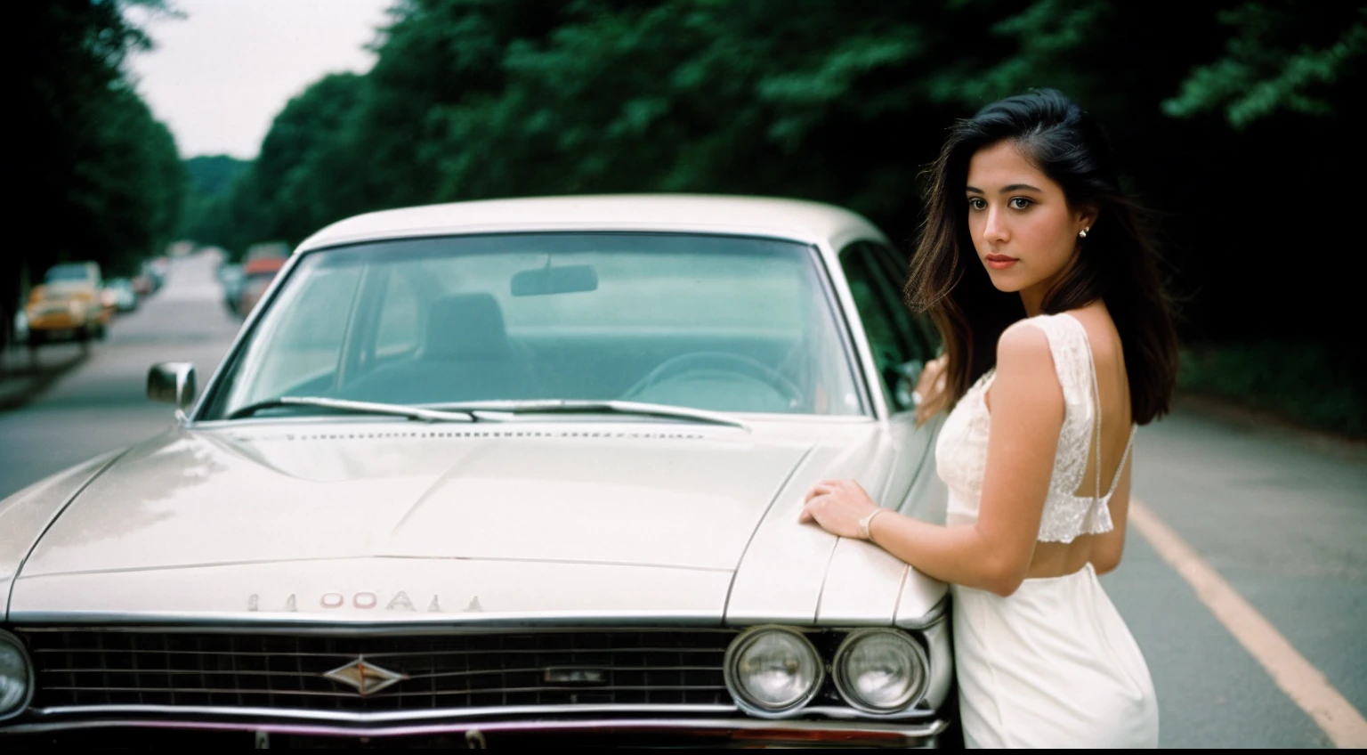 instagram photo, a woman in front of car, in the style of romanticized femininity, tabloid photography, white palette :: shot on a Minolta Hi-Matic 7SII