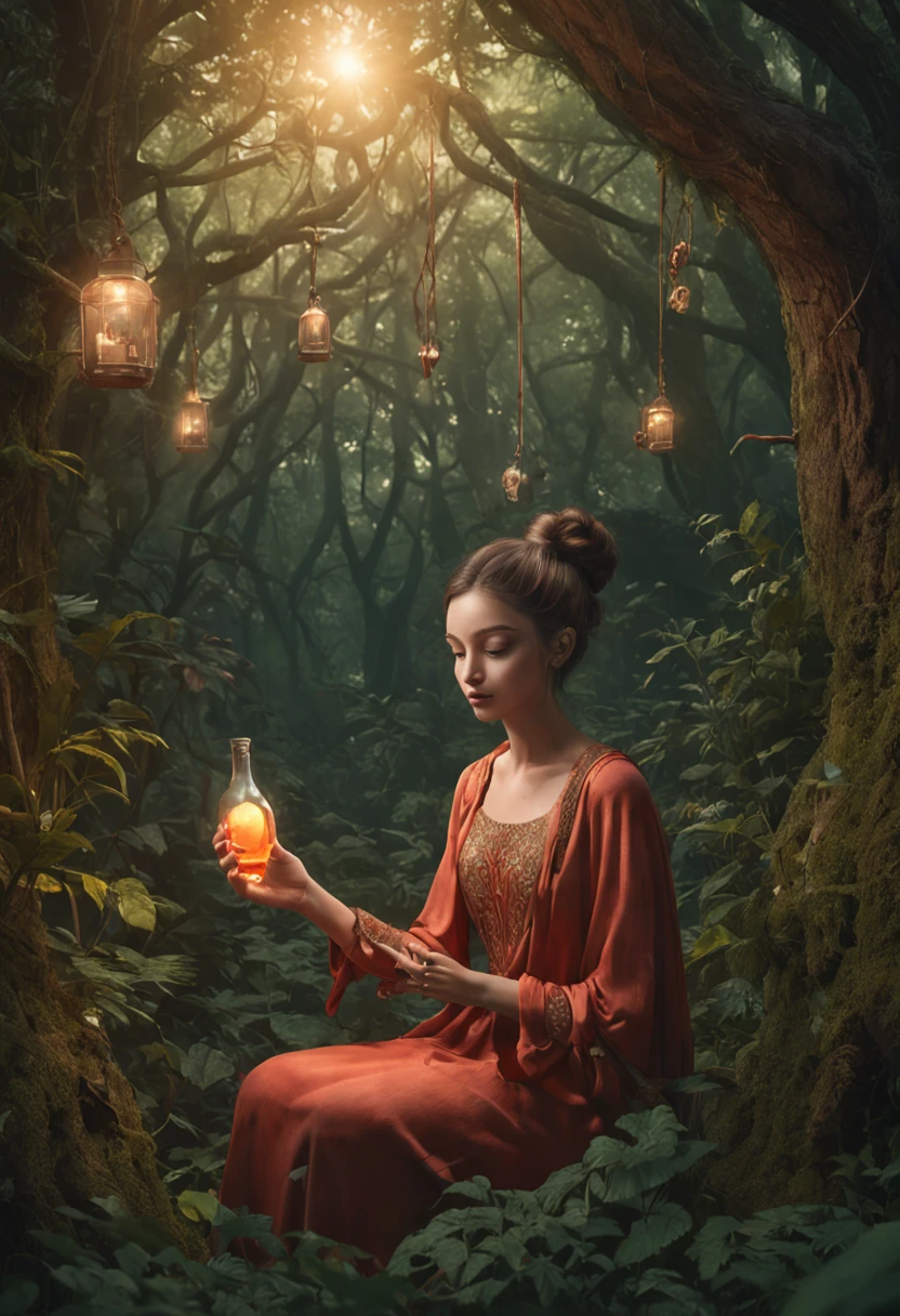 There is a painting of cognac bottle in the forest, arte de fantasia peluda, fantasia raposa amor, Beeple e Jeremias Ketner, arte peluda muito bonita, Cyril Rolando e Goro Fujita, Directed by: Ryan Yee, Artgerm e Atey Ghailan, anime exuberante john 8k madeiras, anthropomorphic furry art