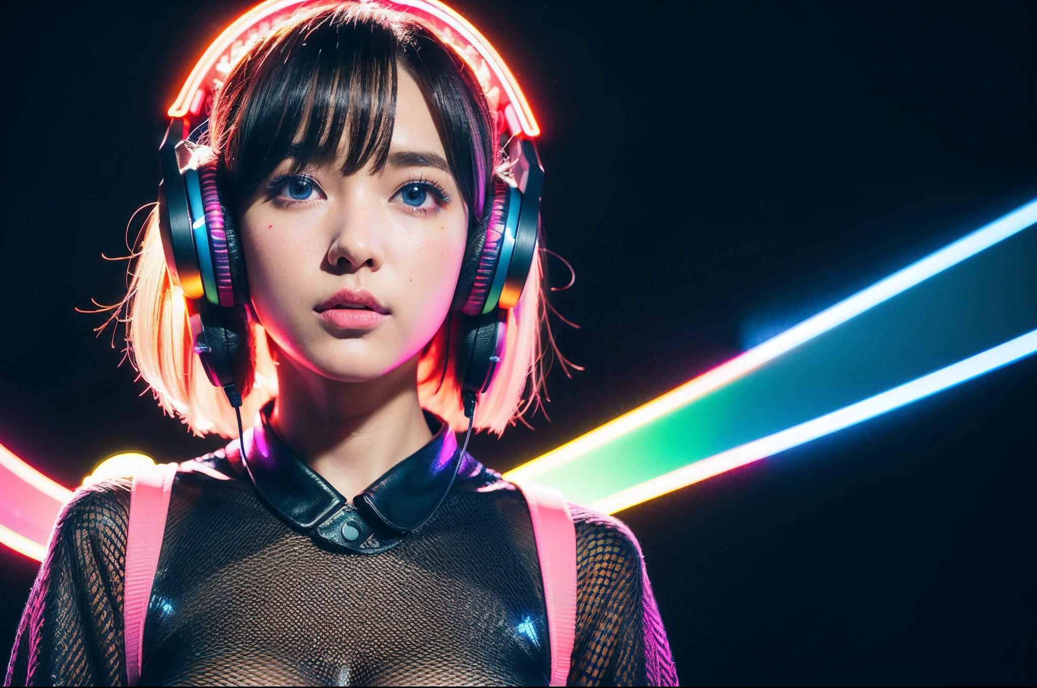 Upper body portrait, japanes, Cute girl isometric section 3D hologram, (独奏:1.5), hair of Multi-colors, Long bob cut, Wearing headphones, Wear the clothes of the future, large full breasts, Black and pink neon lights, Blender UHD Rendering, Neon Light Backgrounds - Raw Style - AR 3:2