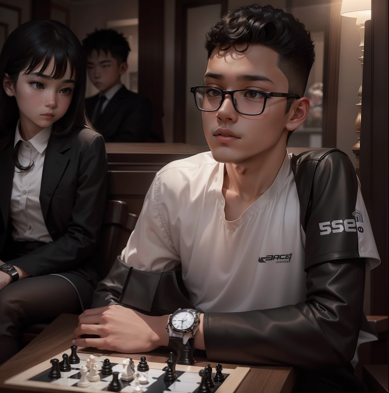 Boy wearing black coat with white shirt playing chess against someone, chess board, a cute girl siting beside watching the game, the watch is glowing.