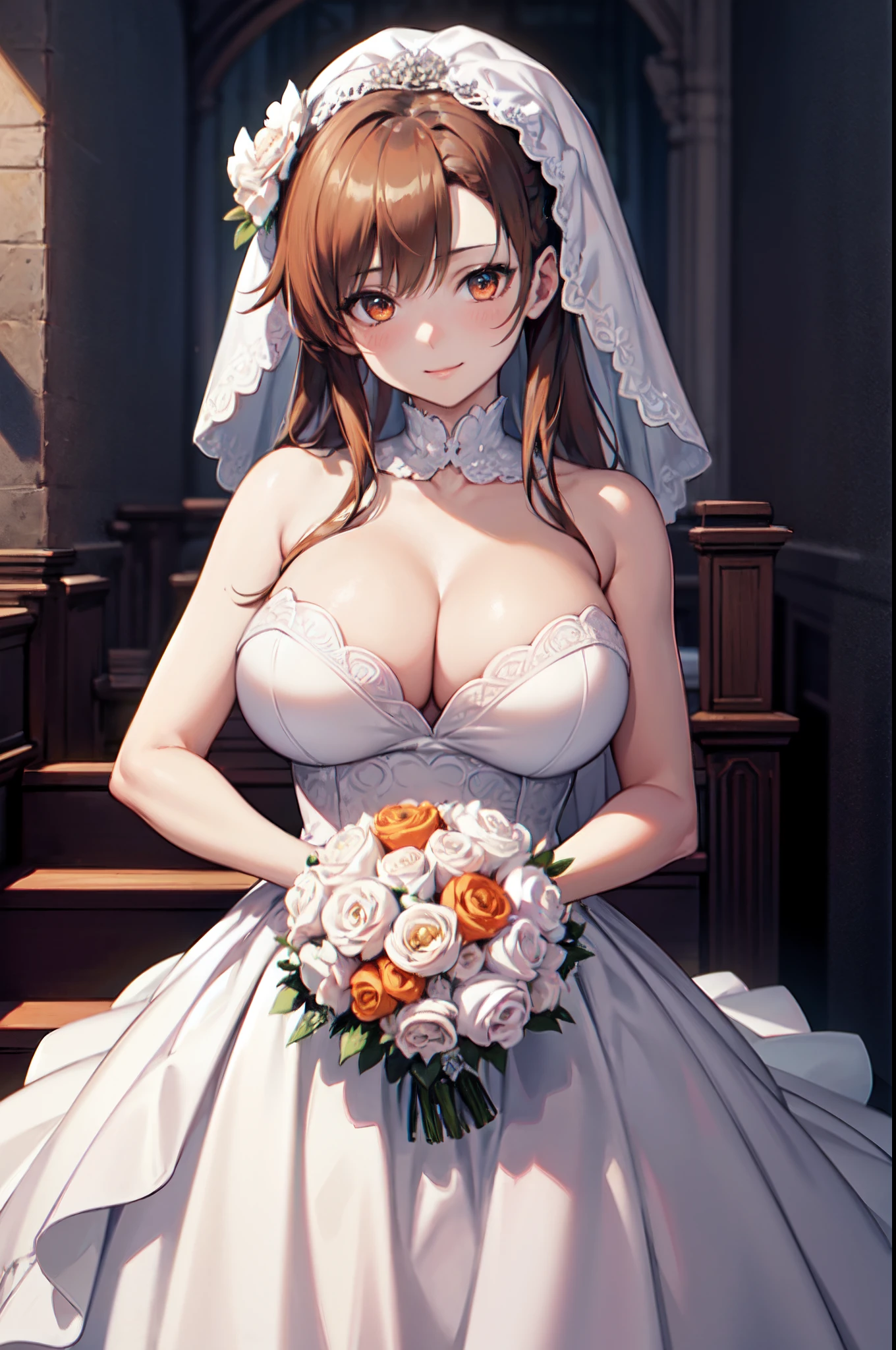 Official art、(Highly detailed CG Unity 8K:1.5)、Perfect litthing、colourfull、Bright Front face Illuminating,(Curve,Model,glamor:1.5),(Realistic, hyper realisitic:1.5),(Sharpen:1.5),
(Master Pieces:1.5), (best_quality:1.5), Super Hi-Vision, super detailing,upper view,(Seductive smile:1.4),(is standing:1.3),(holding a bouquet of white flowers with both hands:1.5),
(slender:1.5),Photo Shot,hight resolution,(absurderes:1.2)、Kodak Portra 400、film grains,(lensflare:1.2)、(vivd colour:1.5),
(Mysterious:1.4),(cowboys_shot:1.4),during daytime、Sunsight,Face up,(Asuna),(Asuna Yuki:1.5),(chies:1.4),White petals flutter,
partedbangs,beutiful breast、(Solo:1.5),(neat figure:1.5),
(a 1 girl:1.5)、18year old、High school students、Beautiful Finger、Beautiful body、Beautiful nose、Beautiful character design、Perfect eyes、face perfect、Beautiful hair,Animated,cleavage, (Exquisite cloth,beautifully detailed eyes:1.3), (Portrait),
(lovly、Large breasts:1.5),(Beautiful face:1.5),delicate patterns,intricate detailes,The best girls in anime,beautiful anime woman、????? anime style、lascivious,(White translucent silk hood:1.4),(Exquisite cloth,Ren Hao:1.4),(Long skirt with white lace,Bride Costume:1.5),red blush,shinny skin,(Style image of woman in white lace wedding dress:1.5),A seductive anime girl、Smooth Anime CG Art、beautiful alluring anime teen、photorealistic anime girl render、beautiful alluring anime woman,Soft lighting、Beautiful anime girl、charming anime girls、Perfect body with realistic shading、(Orange Eyes:1.4),(dark orange hair:1.5), (Style image of bride in veiled wedding dress:1.5), guweiz on pixiv artstation,guweiz on artstation pixiv, Cute anime waifu in a nice dress, highly detailed exquisite fanart, beautiful anime woman, Beautiful anime girl, artwork in the style of guweiz, Very detailed ArtGerm