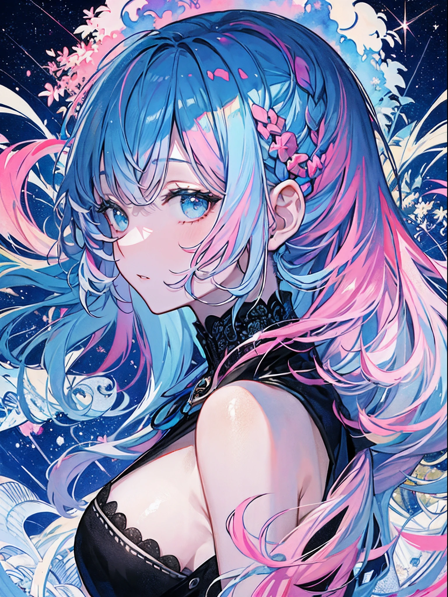(masterpiece、top-quality、top-quality、watercolor paiting(afro)、Official Art、Beautifully Aesthetic:1.2)、(1girl in:1.3)、(Fractal art:1.3)、The upper part of the body、from side、looking at the viewers、patterns、(blue-colored hair、colourful hair、Half blue and half pink hair:1.2)、Eau、liquids、clouds、colourfull、starrysky、stele、Splashes of bright colors、Rough kanji、