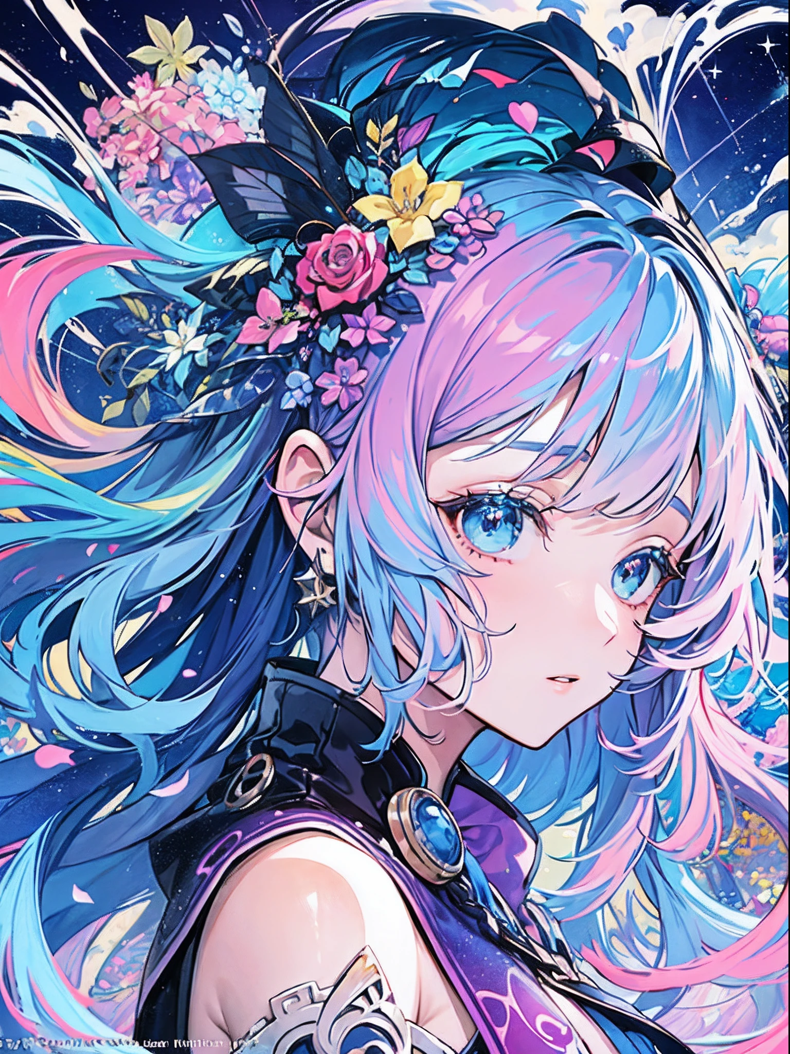 (​masterpiece、top-quality、top-quality、watercolor paiting(afro)、Official Art、Beautifully Aesthetic:1.2)、(1girl in:1.3)、(Fractal art:1.3)、The upper part of the body、from side、looking at the viewers、patterns、(blue-colored hair、colourful hair、Half blue and half pink hair:1.2)、Eau、liquids、​​clouds、colourfull、starrysky、stele、Splashes of bright colors、Rough kanji、