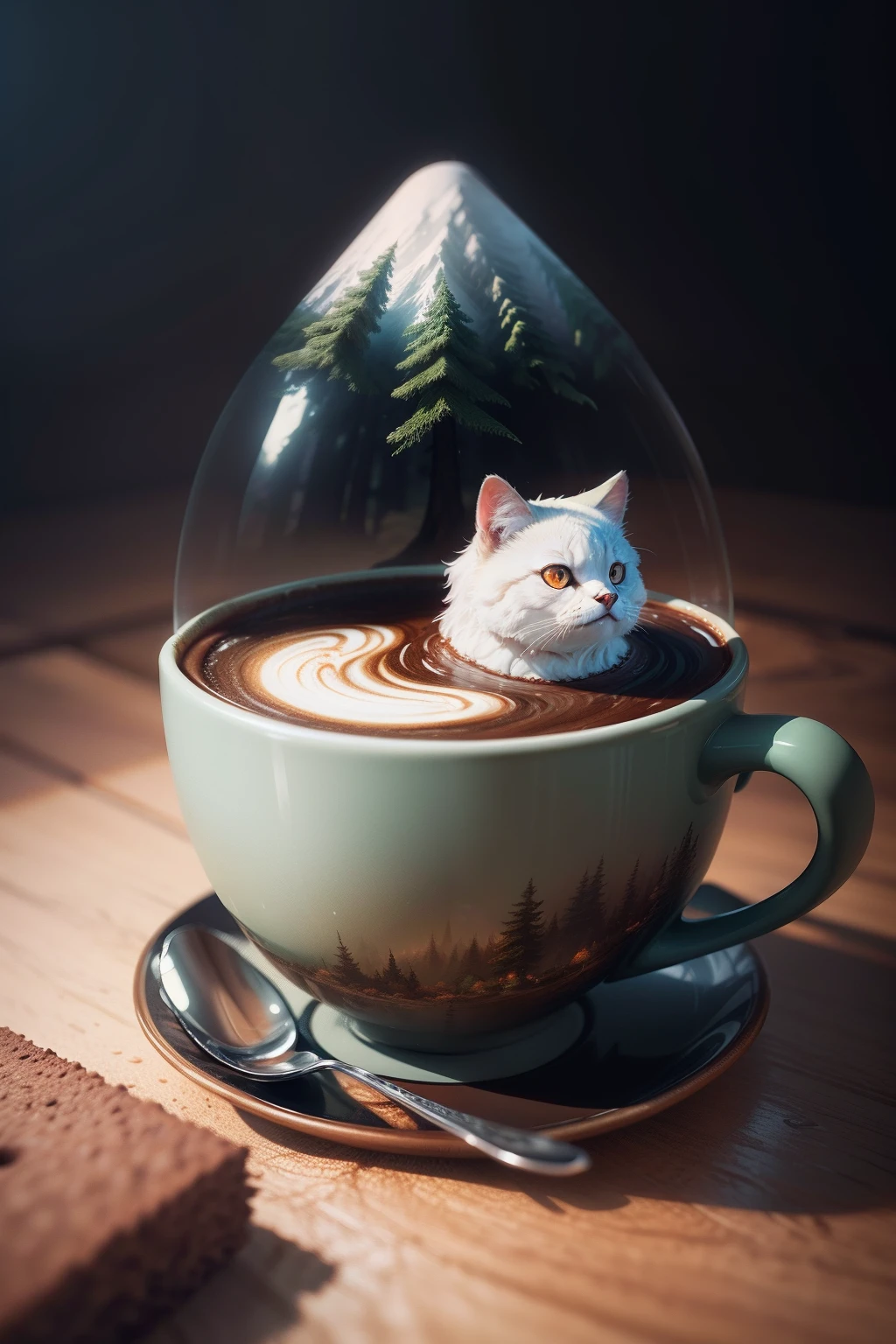 There was a cup of coffee，There is a deep forest view above, Detailed digital 3D art, hyper-realistic illustration, latte art, surreal water art, Inspired by Cyril Rolando, Amazing digital art, Realistic 3D artwork, Surreal 3D digital art, Surreal 3D digital art, Detailed painting 4 K, Highly detailed illustration, Beautiful digital artwork
