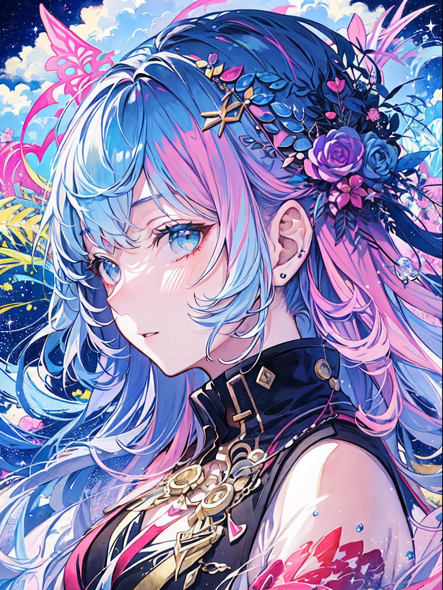 (masterpiece、top-quality、top-quality、watercolor paiting(afro)、Official Art、Beautifully Aesthetic:1.2)、(1girl in:1.3)、(Fractal art:1.3)、The upper part of the body、from side、looking at the viewers、patterns、(blue-colored hair、colourful hair、Half blue and half pink hair:1.2)、Eau、liquids、clouds、colourfull、starrysky、stele、Splashes of bright colors、Rough kanji、