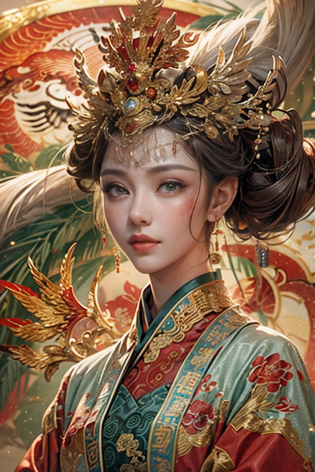 A woman in a red Chinese costume stands next to a supercar,Exquisite phoenix crown,anatomy correct,A detailed eye, 二重まぶた，Whiten skin，delicate patterned，Oriental elements，Ink painting style, Clean colors,Golden space, Soft lighting, ( Bokeh)，Masterpiece, Super detailed, Epic composition, Highest quality, 4K