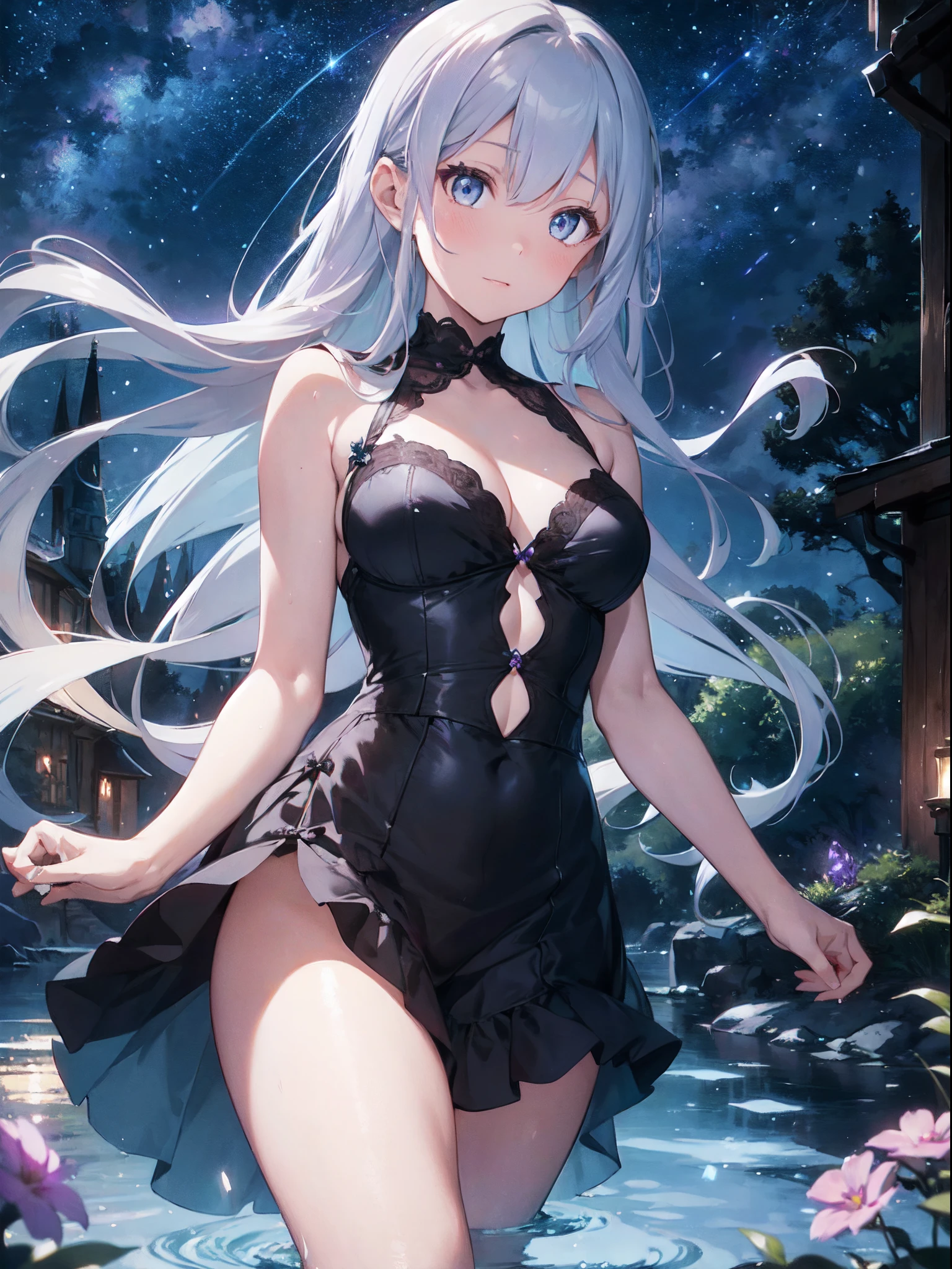 film photography, 1girl , sexy , (((whole body ))) , dynamic pose

Character: alluring summer enchantress
Style: otherworldly allure
Extraordinary Feature: taps into the mysteries of the seasons
Action: Bathed in moonlight, she summons the enchantment of summer nights
Hair: Flowing hair that seems to blend with moonlight
Hair Color: Icy blue with hints of moonlit silver
Eyes: Mysterious violet with a captivating and alluring gaze
Clothing: gown that flows like moonlight itself, delicate moon and star jewelry
Background: moonlit glade with magical fireflies and a sense of enchantment, medium breast, full body, (realistic detailed eyes, natural skin texture, realistic face details), finely detailed, hyperrealistic