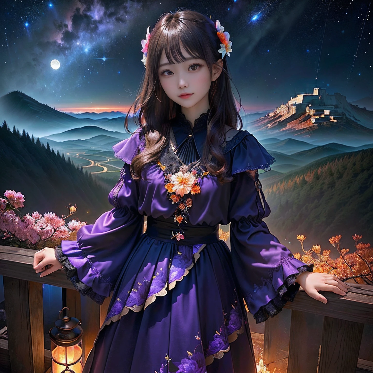 1Beautifulwoman、Vast landscape photos、（View from below with a view of the sky and the wilderness below）、Girl standing in a flower field and looking up、（fullmoon：1.2）、（shooting stars：0.9）、（nebulas：1.3）、mountain in the distance、Tree Break Production Art、(Warm color light source:1.2)、(fireflys:1.2)、abajour、Purple and orange、intricate detailes、Volume Lighting BREAK (​masterpiece:1.2)、(top-quality)、4K、ultra-detailliert、（The composition of the movement：1.4）、Highly detailed and colorful details（Irridescent color：1.2）、（Glowing lighting、Atmospheric illumination）、dream-like、Magical、（独奏：1.2）