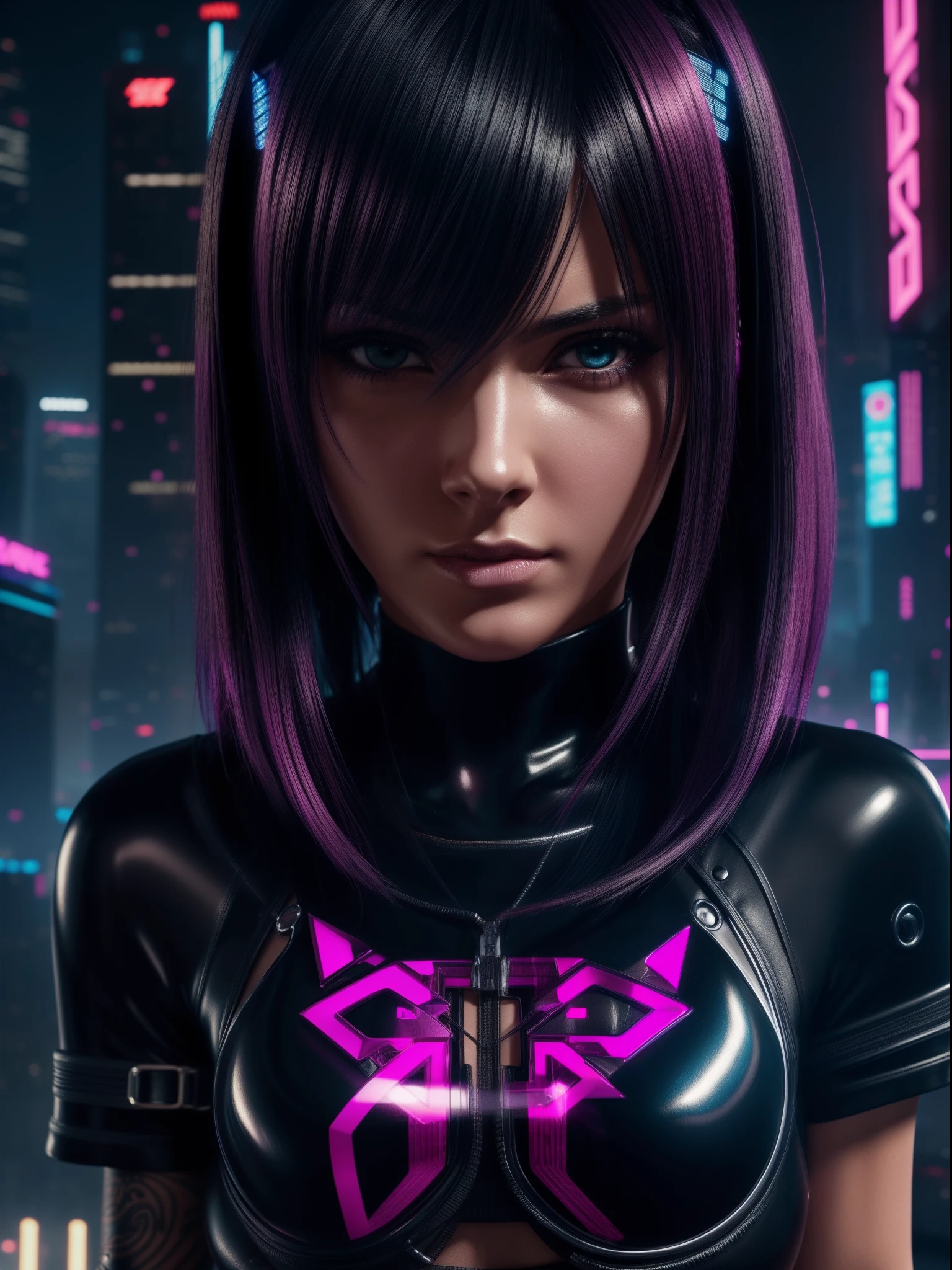 black latex bodyshuit, straight long pink hair with bangs, science fiction, cyberpunk city in the background, gantz, In the Style of Cyberpunk 2077, Ultra realistic photo face of a beautiful woman, masterpiece, best quality, CG, wallpaper, HDR, high quality, high-definition, extremely detailed, {beautiful detailed face}, {beautiful detailed eyes}, (detailed light){{intricate detail}}, {highres}, ((detailed face)), extremely detailed face, beautiful face, {{ young woman}}, Jewel-like eyes, neon light, chiaroscuro, anime style, key visual, intricate detail, highly detailed, breathtaking, vibrant, cinematic