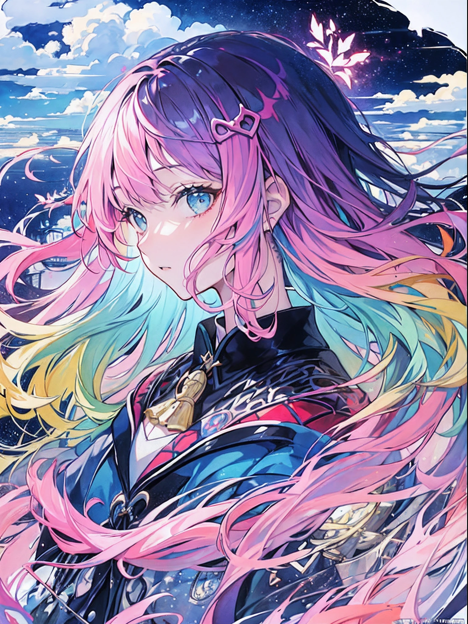 (masterpiece、top-quality、top-quality、watercolor paiting(afro)、Official Art、Beautifully Aesthetic:1.2)、(1girl in:1.3)、(Fractal art:1.3)、The upper part of the body、from side、looking at the viewers、patterns、(rainbow-colored hair、colourful hair、Half blue and half pink hair:1.2)、Eau、liquids、clouds、colourfull、starrysky、stele、Splashes of bright colors、Rough kanji、