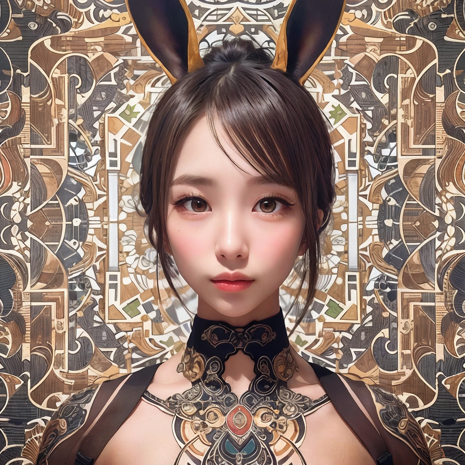 (((Symmetrical, Works with colorful geometric arabesque patterns))),
((Top quality)), ((Photorealsitic)), ((Sharp focus)), (RAW photo), (1girll), (Upper body), (hair-bun, Single braid), (Dark brown hair), (Medium breast:1.3), (Gloss on lips), (make up), (Pubic Area Showing),
(Asian girl), (Super delicate face), (Super beautiful production), (hyper detail eyes), (Super delicate nose), (Super delicate mouth), (Ultra-thin arm), (Super delicate legs), (ultra detailed body),
Break ((Black Playboy Bunny)), (From the front side)