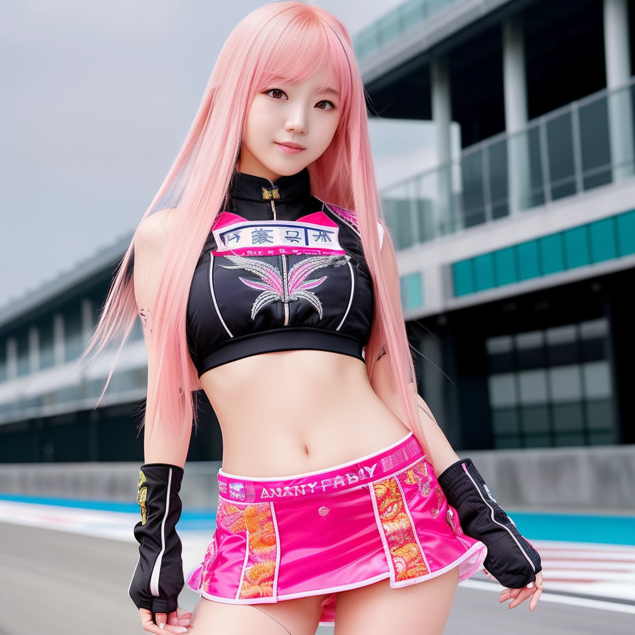 Top quality, 超高分辨率, (Photorealistic: 1.4), (Pink Long Hair: 1.3), (azur lane\), One girl, (Kpop idol), watch audience, Detailed face, contrappost, Smooth skin, Ideal for anatomical professional lighting, futuristic fashion, Street attire, high-tech fabrics, Racing Wear, fireproof material, elbow and knee pads, Racing gloves, Personalized embroidery, Sports car background, pits, Miniskirt, Belly button,Large breasts, Pink hair, Suzuka circuit, Start the grid
