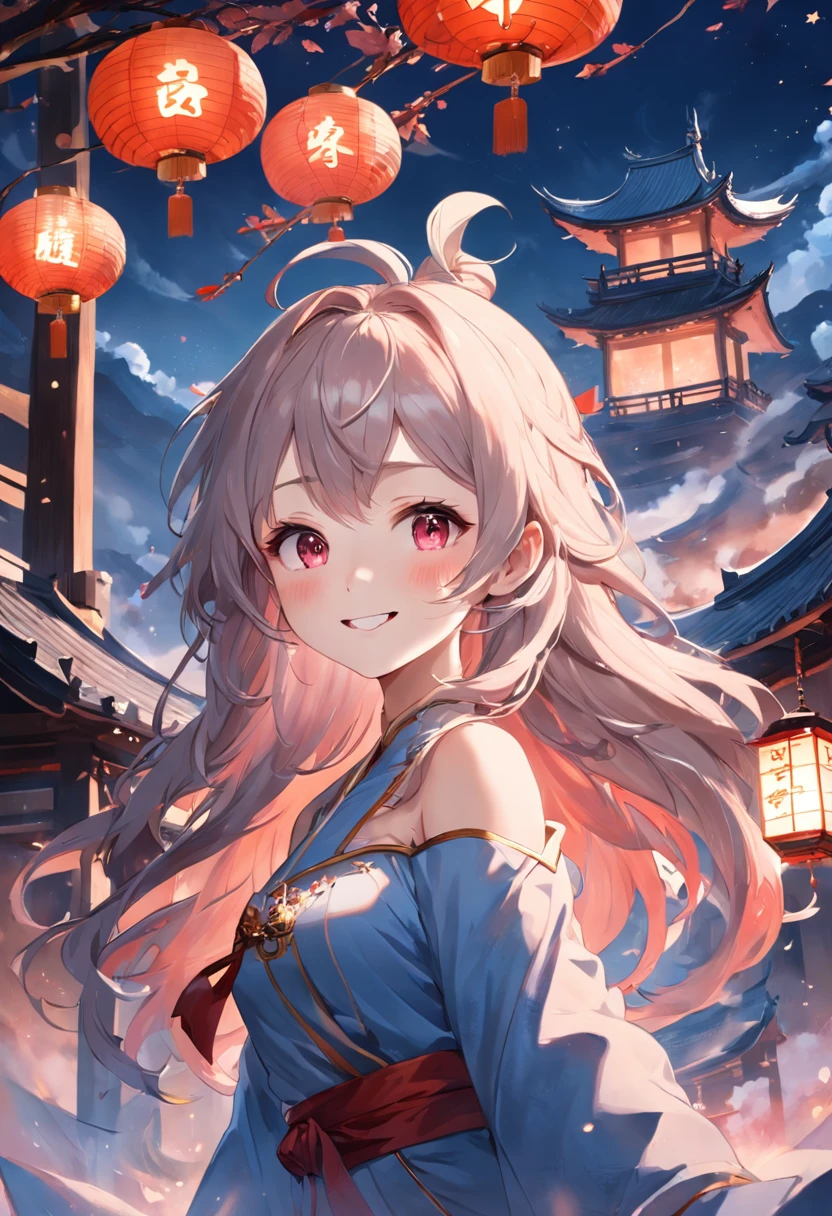 (((masterpiece)))、(((top-quality)))、((ultra-detailliert))、(illustratio)、((extremely delicate and beautiful))、Bright smile、floating、(Detailed light) (1girl in)、、独奏、The long-haired、The wind is blowing、A WORLD、(cute eye)Wizard Hat, red blush, blush stickers, cleavage of the breast, bare shoulders, doress, off shoulders, cowboy shot, is standing, A smile, Surreal CG rendering ancient China,Ancient buildings and ancient towns in Gangnam have Yaolin Wonderland。the night,The stars are bright,The smoke is tempting,Maple and milk leaves are trees。Snowy landscape。K HD