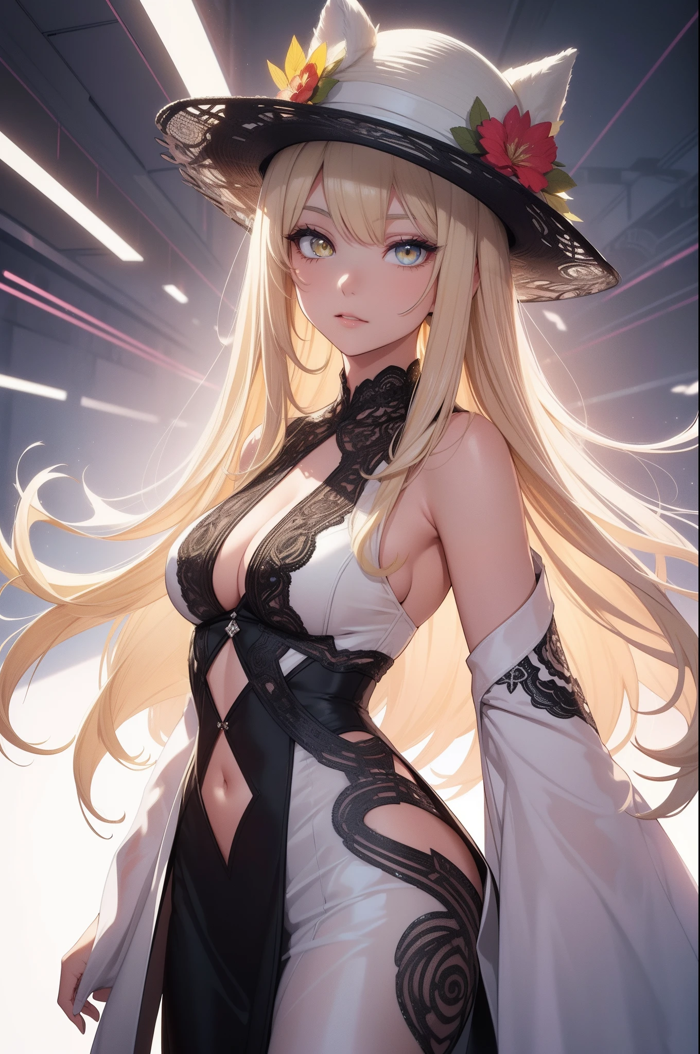 (masterpiece), (Best Quality), (White background:1.4),(a girl, seductive face, Looking to the Viewer, Colorful long straight hair, Contemporary Girl)，(Big yellow crystal eyes), (Short Platina Blonde Straight Hair:1.5), (Art Deco illustration:1.4),(Reasonable design, Clear lines, High Sharpness,Best Quality, Very detailed, masterpiece, Movie Light Effects, 8K ), ((3D)), Colorful, Falling soft sun rays, cool, (zen tangle art:1.2), full body, model walking, Paris collection runway, model, model dress, vogue style, hat,