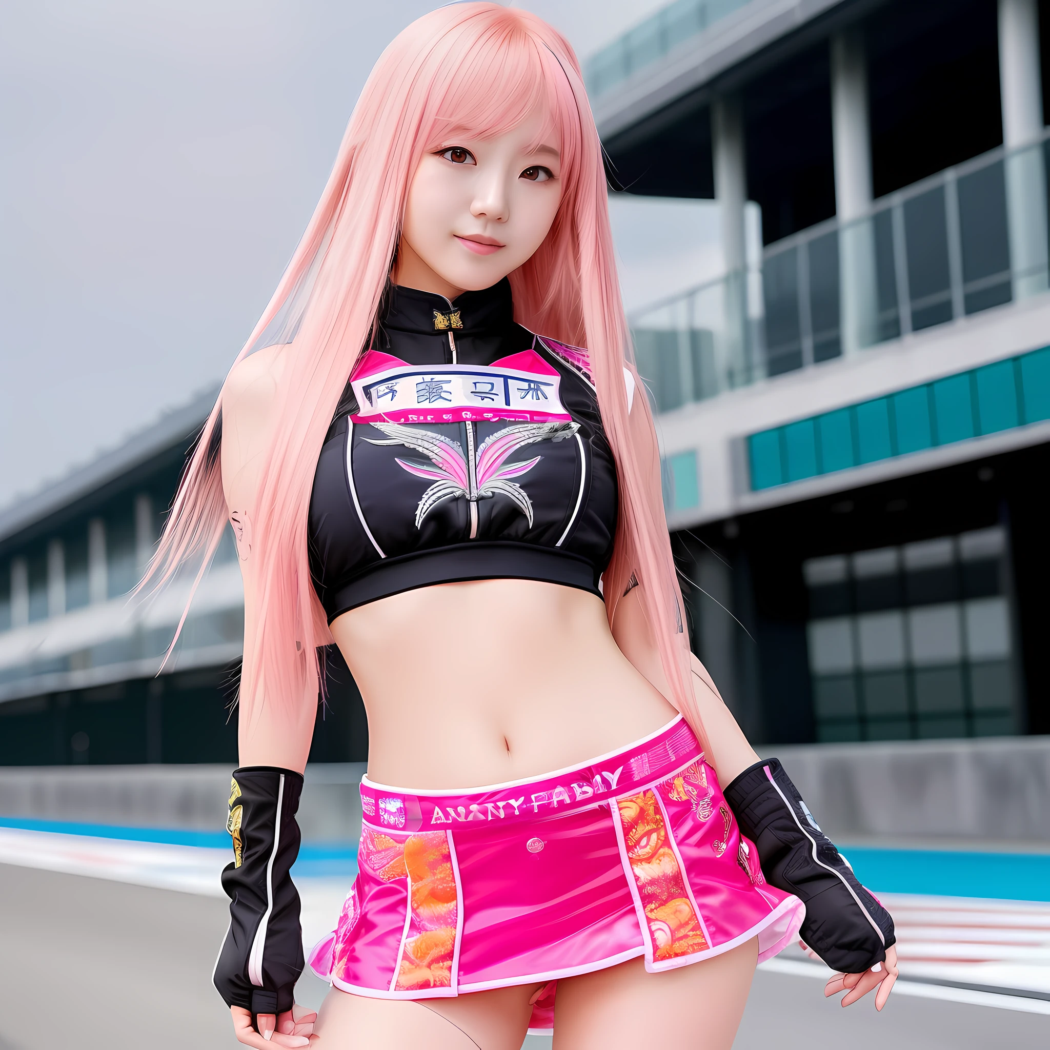 Top quality, 超高分辨率, (Photorealistic: 1.4), (Pink Long Hair: 1.3), (azur lane\), One girl, (Kpop idol), watch audience, Detailed face, contrappost, Smooth skin, Ideal for anatomical professional lighting, futuristic fashion, Street attire, high-tech fabrics, Racing Wear, fireproof material, elbow and knee pads, Racing gloves, Personalized embroidery, Sports car background, pits, Miniskirt, Belly button,Large breasts, Pink hair, Suzuka circuit, Start the grid