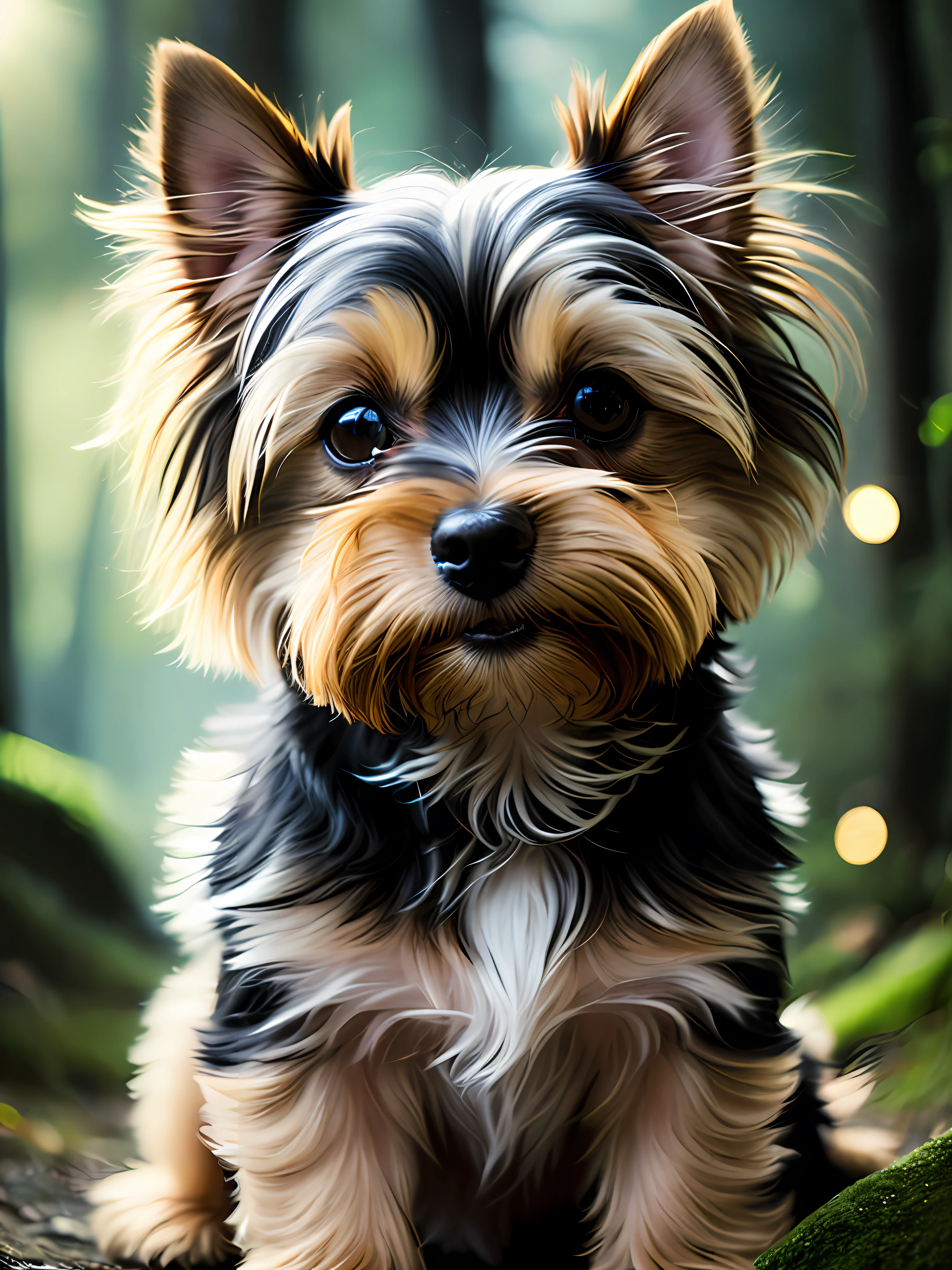 foto em close de um cachorrinho yorkshire terrier, com 10 anos de idade pulando muito fofo na floresta, soft volumetric lights (retroiluminação: 1.3), (kinematics: 1.2), detalhes intrincados (ArtStation: 1.3), Rutkowski