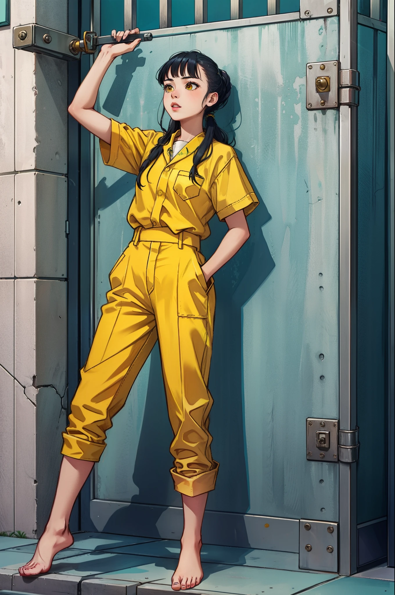 Cute girl in yellow prison uniform barefoot，without wearing shoes，Carry out labor reform，Female prisoners，behind bars，Yellow prison uniform，Two-dimensional girl。