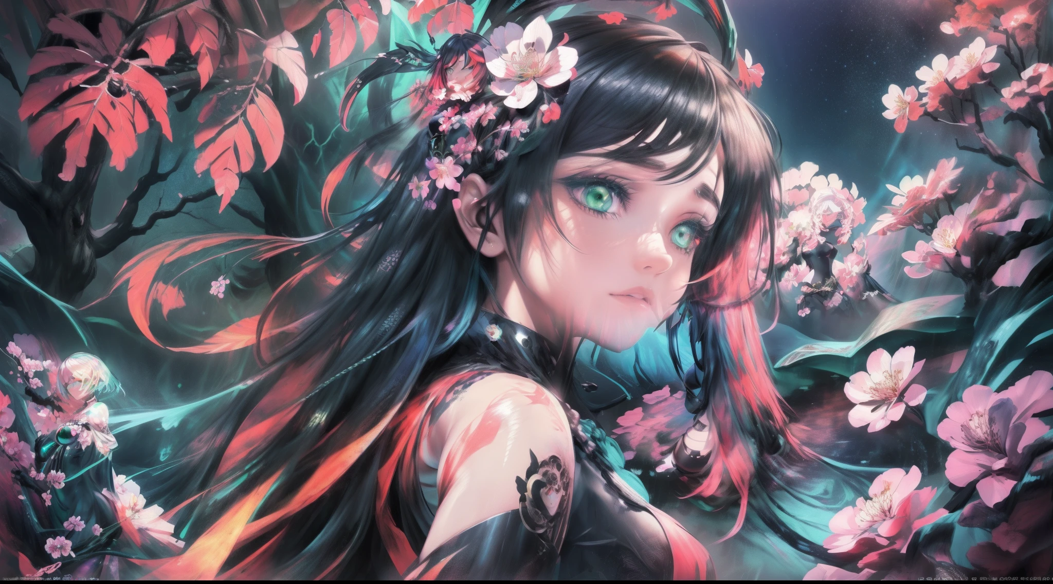 Beautiful humanoid bird woman with green eyes and black wings, look the clouds, Masterpiece, best quality, (very detailed CG unified 8k wallpaper) (best quality), (best illustration), (best shadow) Vivid colors, jungle, water, natural beauty, oasis of tranquility, cherry blossom trees, blue sky Ray tracing, super detailed , ancient porcelain, jade, starry sky