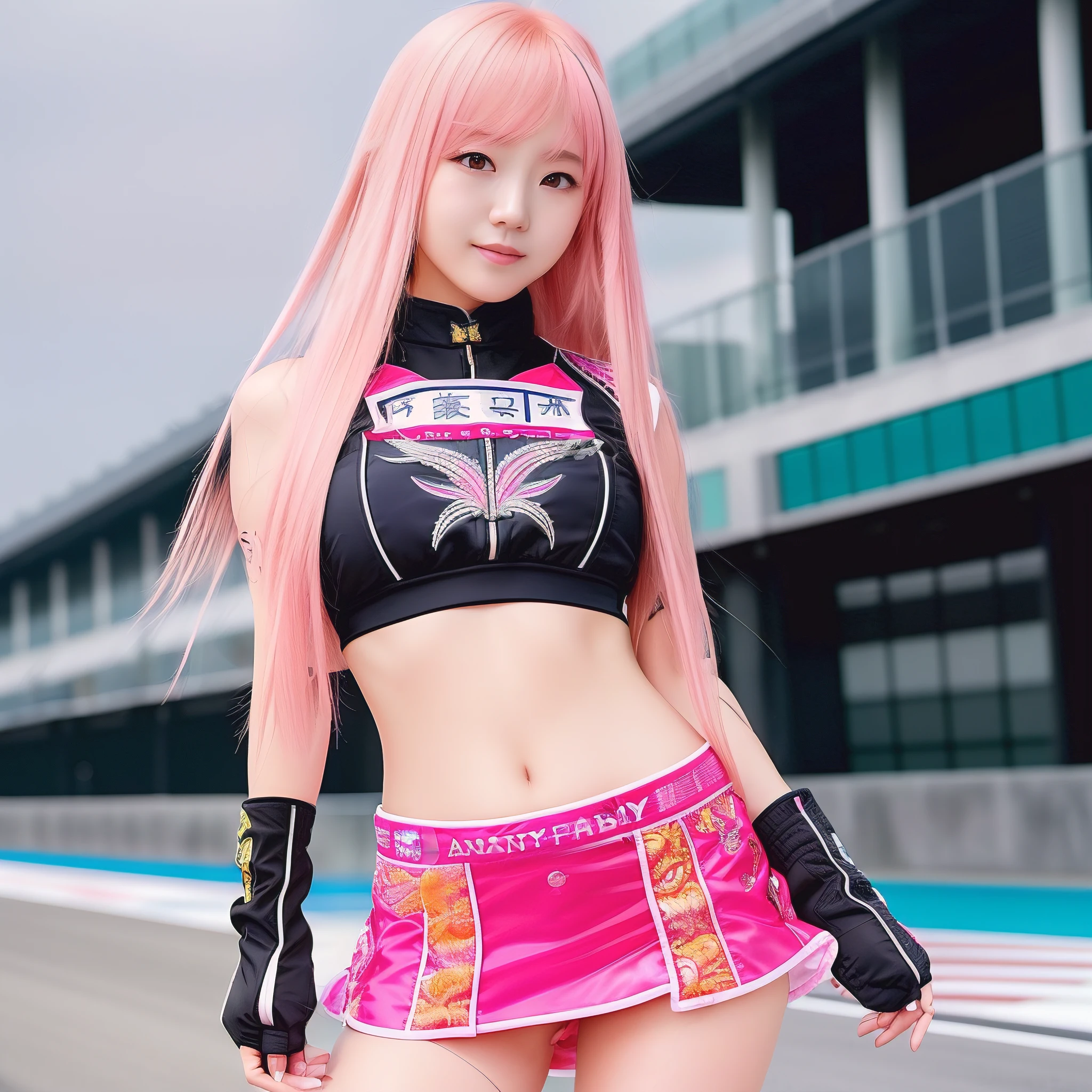 Top quality, 超高分辨率, (Photorealistic: 1.4), (Pink Long Hair: 1.3), (azur lane\), One girl, (Kpop idol), watch audience, Detailed face, contrappost, Smooth skin, Ideal for anatomical professional lighting, futuristic fashion, Street attire, high-tech fabrics, Racing Wear, fireproof material, elbow and knee pads, Racing gloves, Personalized embroidery, Sports car background, pits, Miniskirt, Belly button,Large breasts, Pink hair, Suzuka circuit, Start the grid
