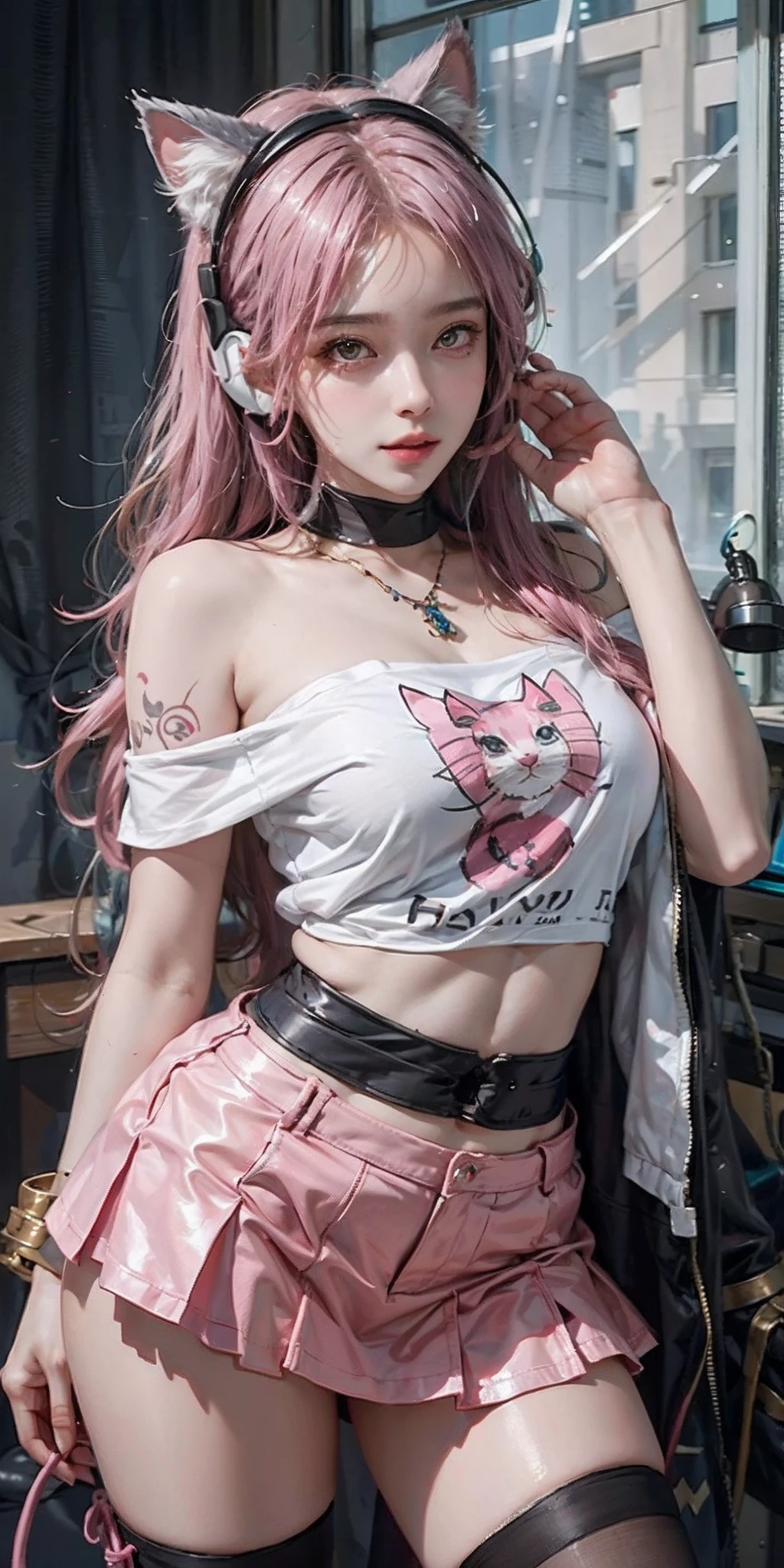 photorealistic, high resolution, soft light,1women, audult, solo, hips up, shining skin, (detailed face), jewelry, tattoo, cute girl, pink headphone, cat ears on headphone, gamer, t-shirt, off-shoulder, skirt