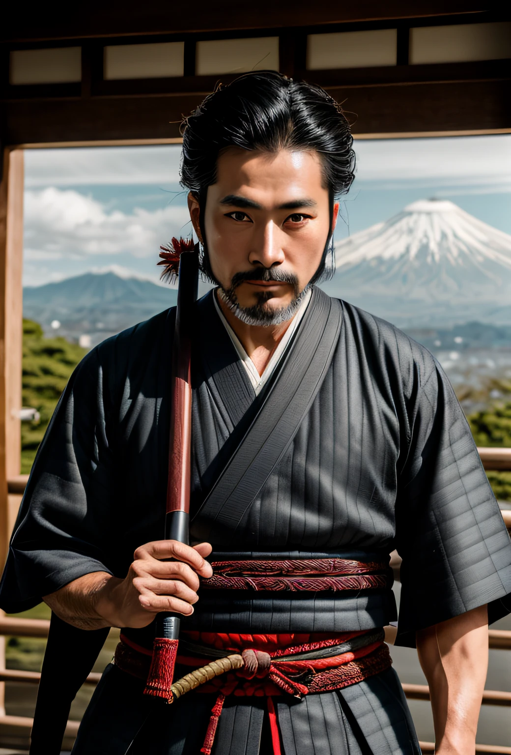 I've got stubble japanese samurai man RAW photo of Japan, Cinematic, detaile, Photorealistic, hyper realistic photography, 8K UHD, Digital SLR, Soft lighting, High quality, Film grain, FUJI XT3, (masutepiece),