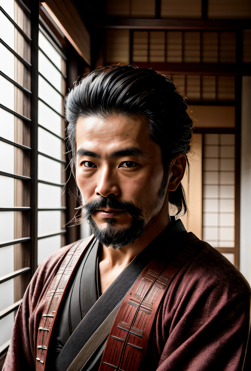 I've got stubble japanese samurai man RAW photo of Japan, Cinematic, detaile, Photorealistic, hyper realistic photography, 8K UHD, Digital SLR, Soft lighting, High quality, Film grain, FUJI XT3, (masutepiece),