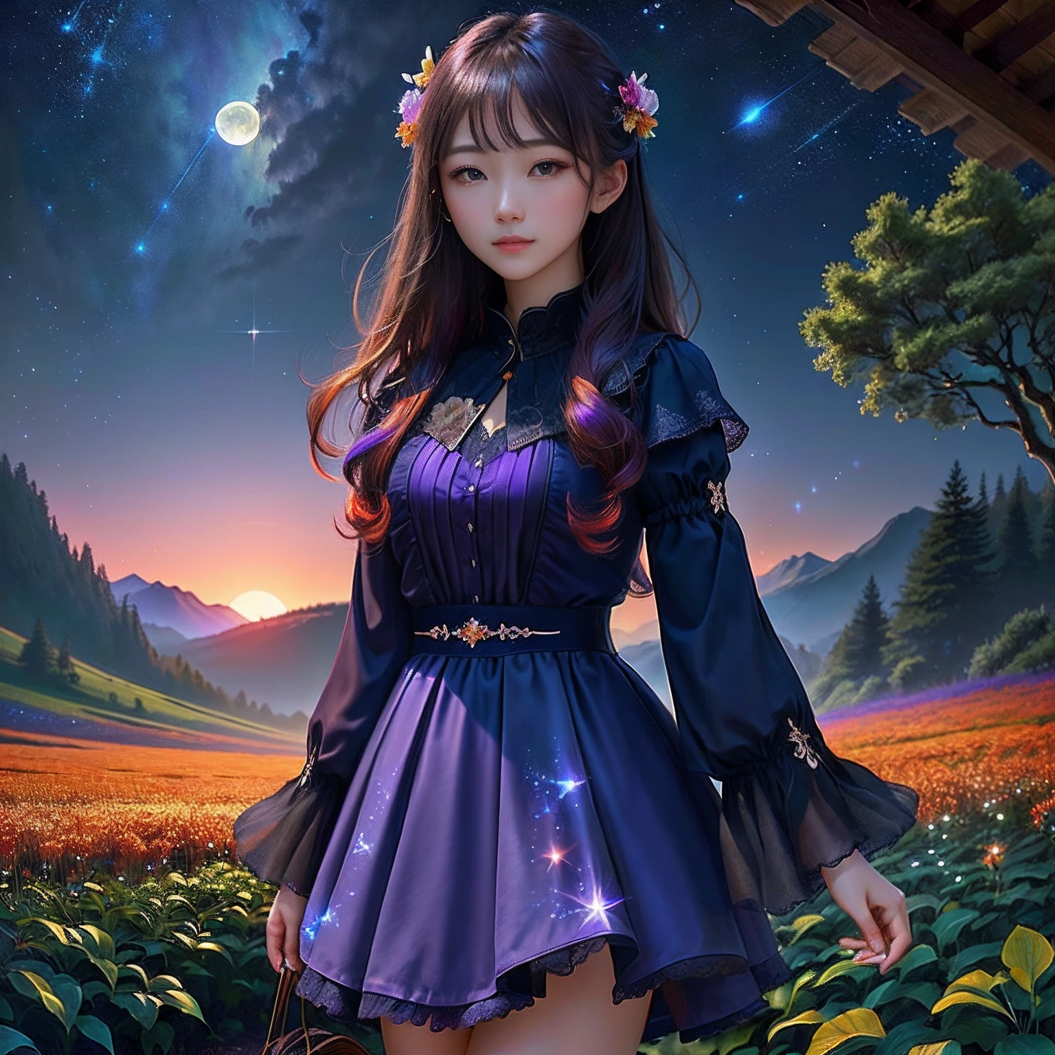 1Beautifulwoman、Vast landscape photos、(View from below with a view of the sky and the wilderness below)、Girl standing in a flower field and looking up、(fullmoon:1.2)、(shooting stars:0.9)、(nebulas:1.3)、mountain in the distance、Tree Break Production Art、(Warm color light source:1.2)、(fireflys:1.2)、abajour、Purple and orange、intricate detailes、Volume Lighting BREAK (masterpiece:1.2)、(top-quality)、4K、ultra-detailliert、(The composition of the movement:1.4)、Highly detailed and colorful details(Irridescent color:1.2)、(Glowing lighting、Atmospheric illumination)、dream-like、Magical、(独奏:1.2)