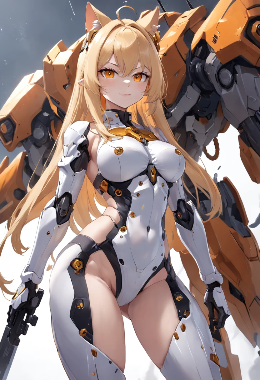 （blonde hair）,（（darkorange eyes））.（cat tail）、cat ears, absurdly long hair、laugh
、、large breasts、see through、cameltoe,Close-up of a person in a suit holding a sword, female mech, raiden metal gear, ferra white mecha, Girl in Mecha Cyber Armor, high quality digital concept art, epic sci-fi character art, epic sci-fi character art, mechanized valkyrie girl, Air and Mecha theme, Anime Mecha Aesthetics