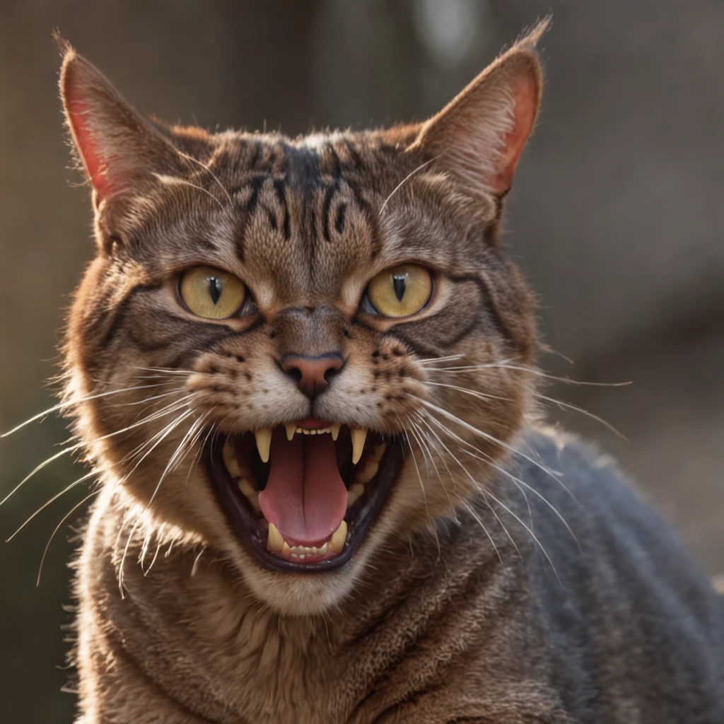 there is a cat with big teeth, who is looking at the camera, gato assustado com medo, fierce expression 4k, surpreso, Gato. pintura digital, painting digital adorable, ultrarealistic illustration, ultra realistic 3d illustration, expressive surprised expression, amazing cgi, hyper real render, funny cat, surprised expression, hyperrealistic illustration, ultra realistic illustration, muito surpreso, Arte digital alucinante, Pouncing