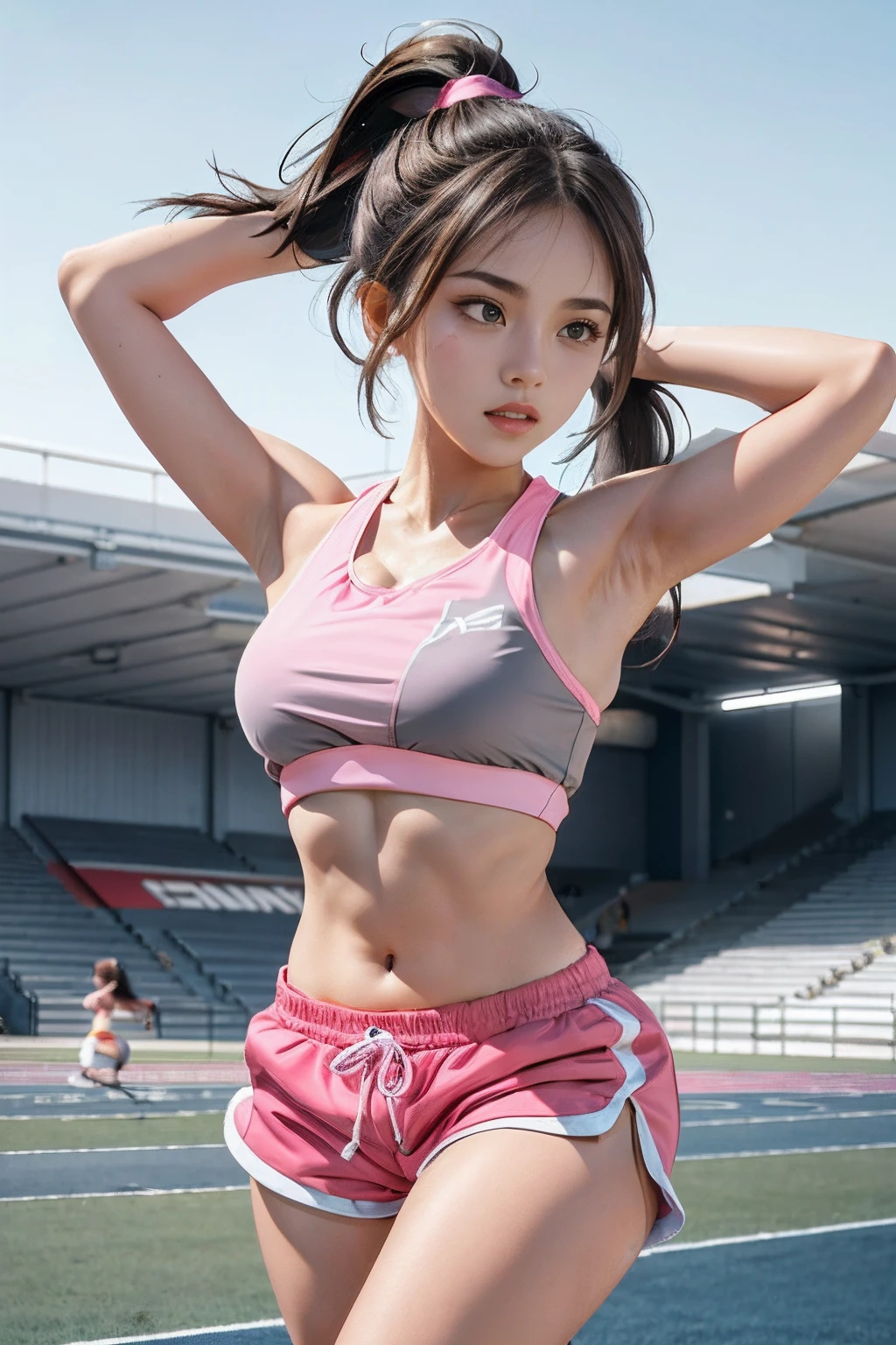 1 girl, solo, running, Gray Track Top, pink shorts, ponytail, athletic build, dynamic brushstrokes, fluid movement, capturing the essence of her athleticism and energy, using light colors and soft tones to create a dreamy and ethereal atmosphere, portraying the motion and grace of running, showing the wind blowing her ponytail and clothes, and the scenery of her surroundings.
outdoors, detailed background, Modern metropolis,