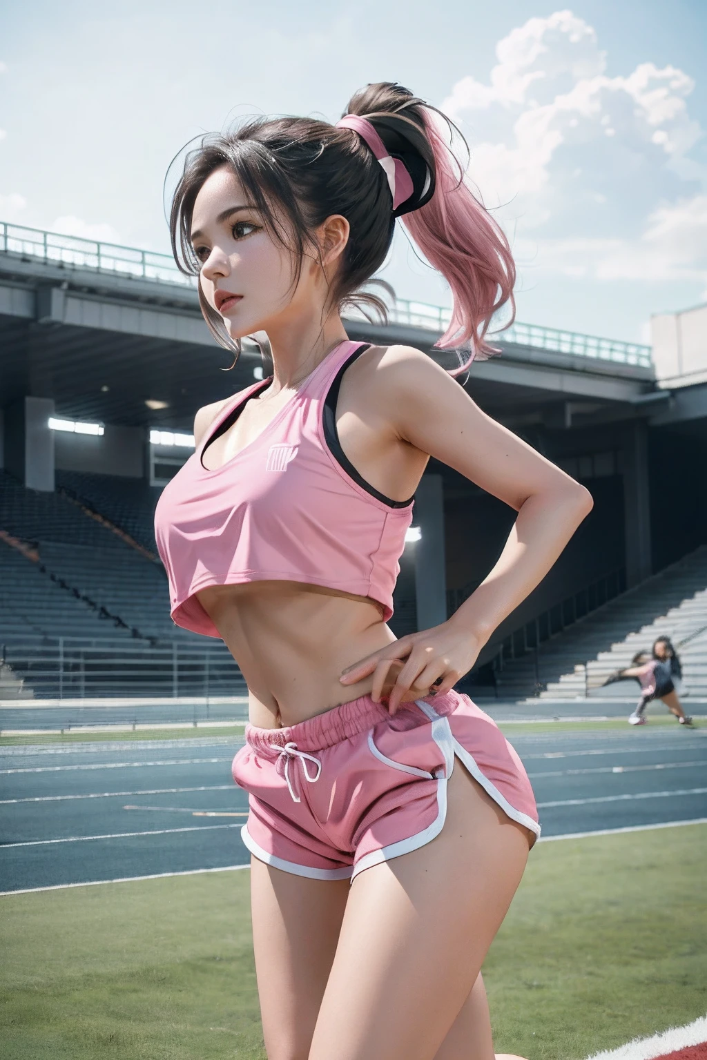 1 girl, solo, running, Gray Track Top, pink shorts, ponytail, athletic build, dynamic brushstrokes, fluid movement, capturing the essence of her athleticism and energy, using light colors and soft tones to create a dreamy and ethereal atmosphere, portraying the motion and grace of running, showing the wind blowing her ponytail and clothes, and the scenery of her surroundings.

outdoors, detailed background, Modern metropolis,