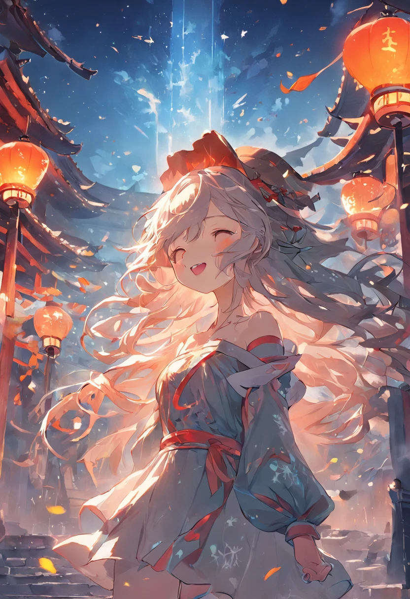 (((masterpiece)))、(((top-quality)))、((ultra-detailliert))、(illustratio)、((extremely delicate and beautiful))、Bright smile、floating、(Detailed light) (1girl in)、、独奏、The long-haired、The wind is blowing、A WORLD、(cute eye)Wizard Hat, red blush, blush stickers, cleavage of the breast, bare shoulders, doress, off shoulders, cowboy shot, is standing, A smile, Surreal CG rendering ancient China,Ancient buildings and ancient towns in Gangnam have Yaolin Wonderland。the night,The stars are bright,The smoke is tempting,Maple and milk leaves are trees。Snowy landscape。K HD