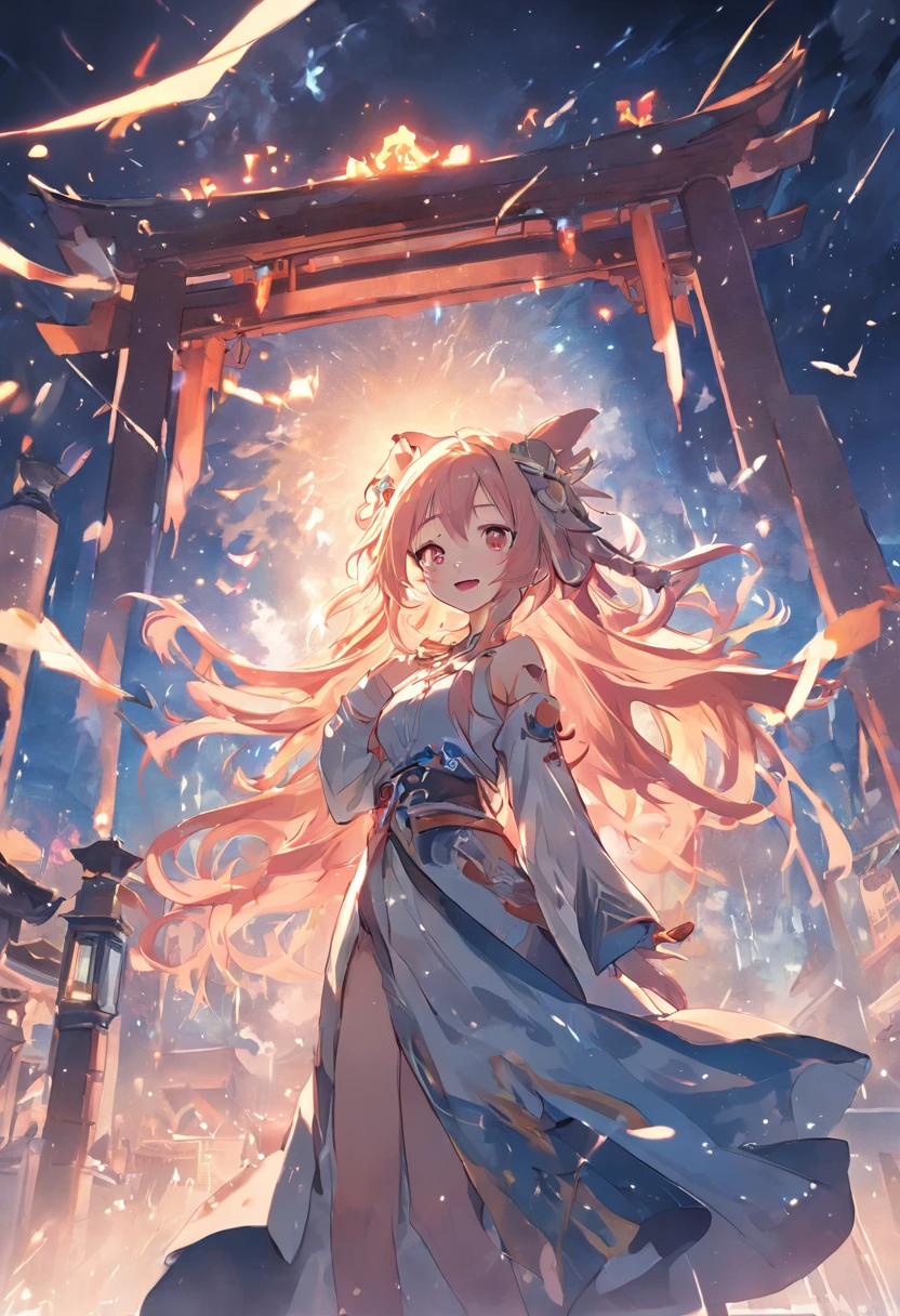 (((masterpiece)))、(((top-quality)))、((ultra-detailliert))、(illustratio)、((extremely delicate and beautiful))、Bright smile、floating、(Detailed light) (1girl in)、、独奏、The long-haired、The wind is blowing、A WORLD、(cute eye)Wizard Hat, red blush, blush stickers, cleavage of the breast, bare shoulders, doress, off shoulders, cowboy shot, is standing, A smile, Surreal CG rendering ancient China,Ancient buildings and ancient towns in Gangnam have Yaolin Wonderland。the night,The stars are bright,The smoke is tempting,Maple and milk leaves are trees。Snowy landscape。K HD