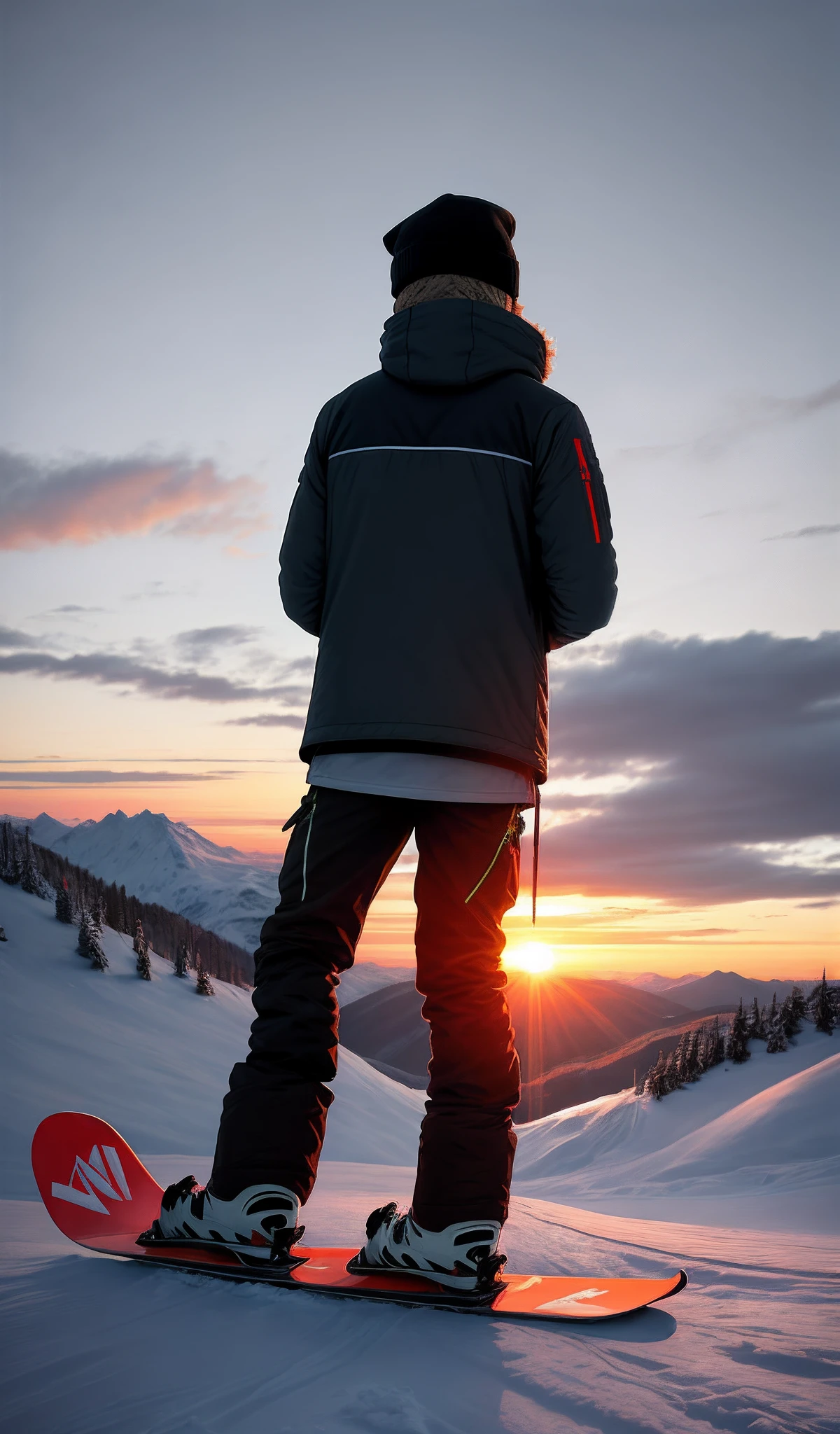 A person sitting on a snowy mountain wearing ski clothes，Facing the sunset，Holding a cigarette in one hand，Lonely back holding a snowboard in one hand